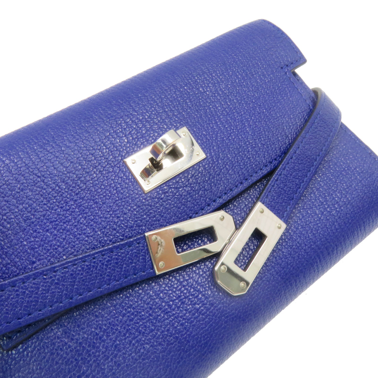 HERMES Chevre皮革Kelly Short Wallet银扣短钱包Bleu Electrique蓝色