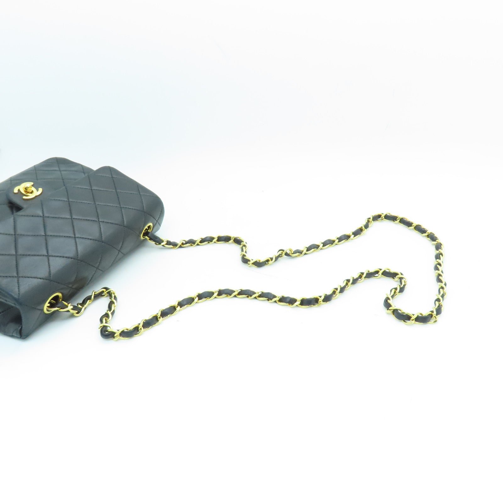 CHANEL Sheepskin Leather Vintage 20cm Gold Buckle Chain Shoulder Bag Black