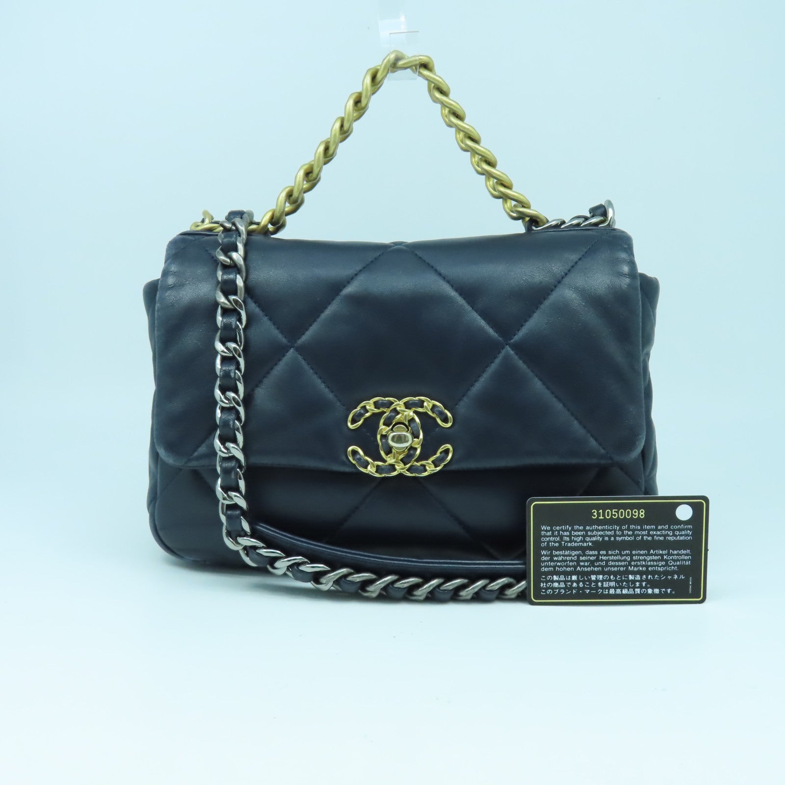 CHANEL 菱格羊皮皮革Chanel 19 Small金扣手挽肩背兩用袋深藍色