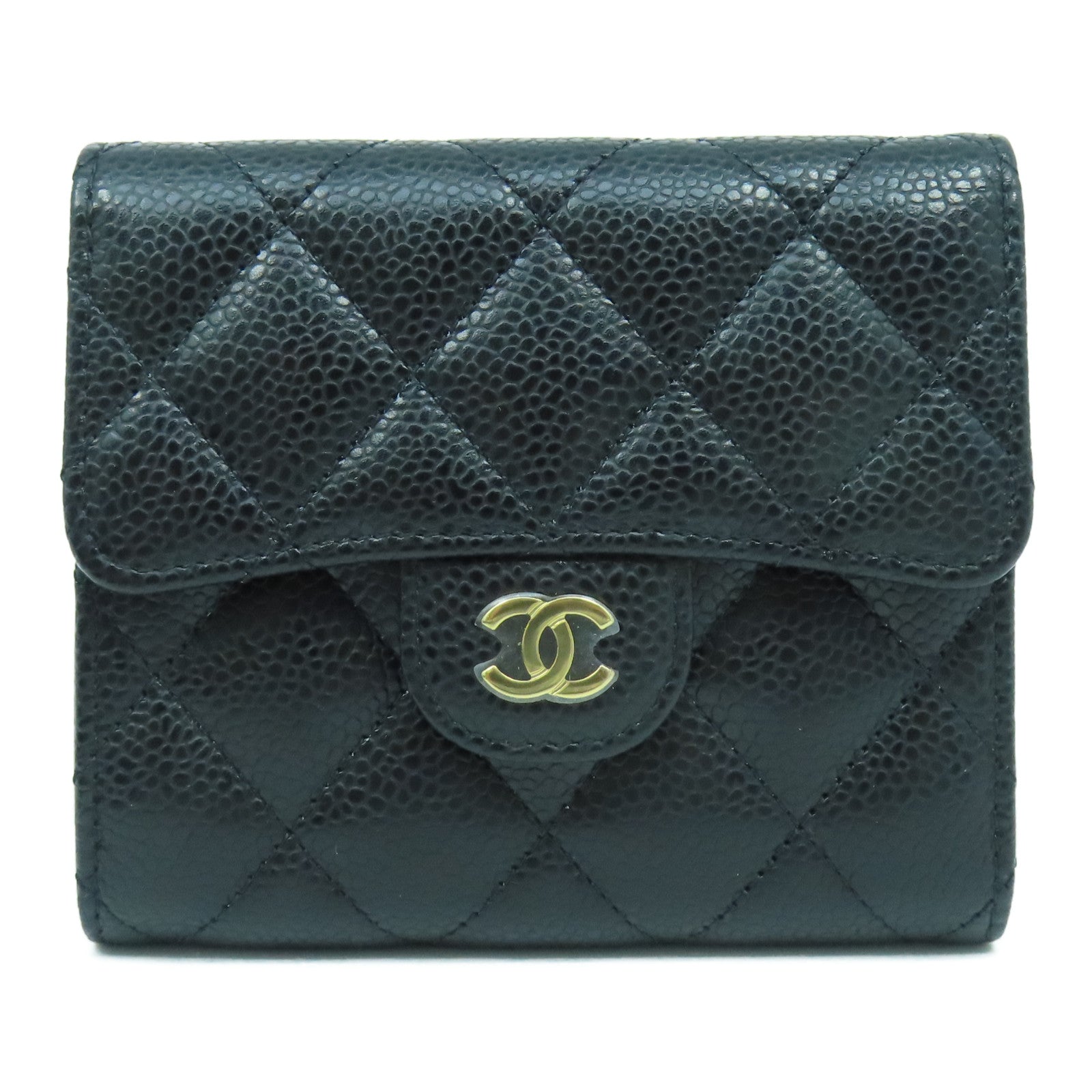 CHANEL 菱格Caviar皮革Wallet金扣錢包黑色