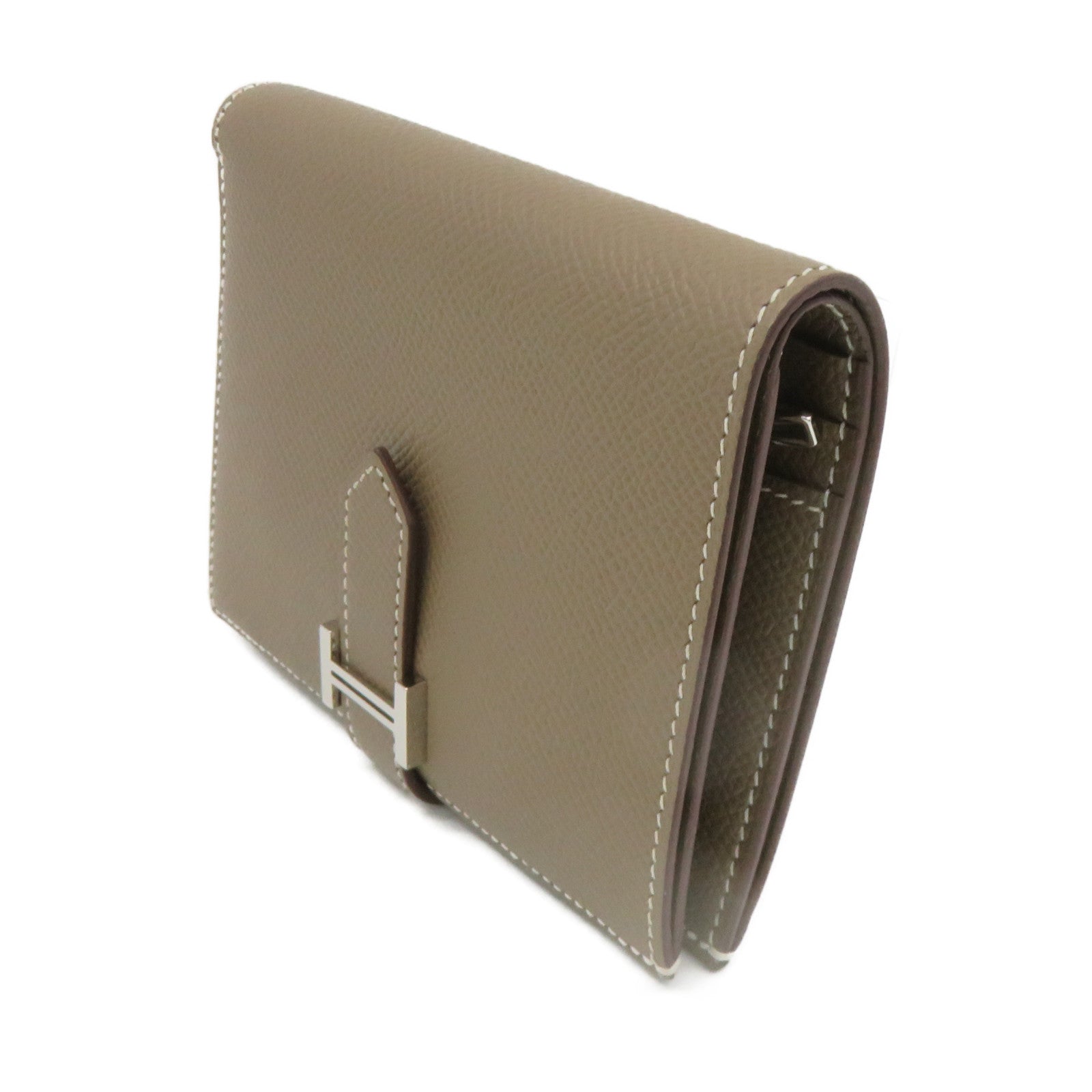 HERMES Epsom Leather Bearn Wallet Silver Buckle Short Wallet Etoupe Brown
