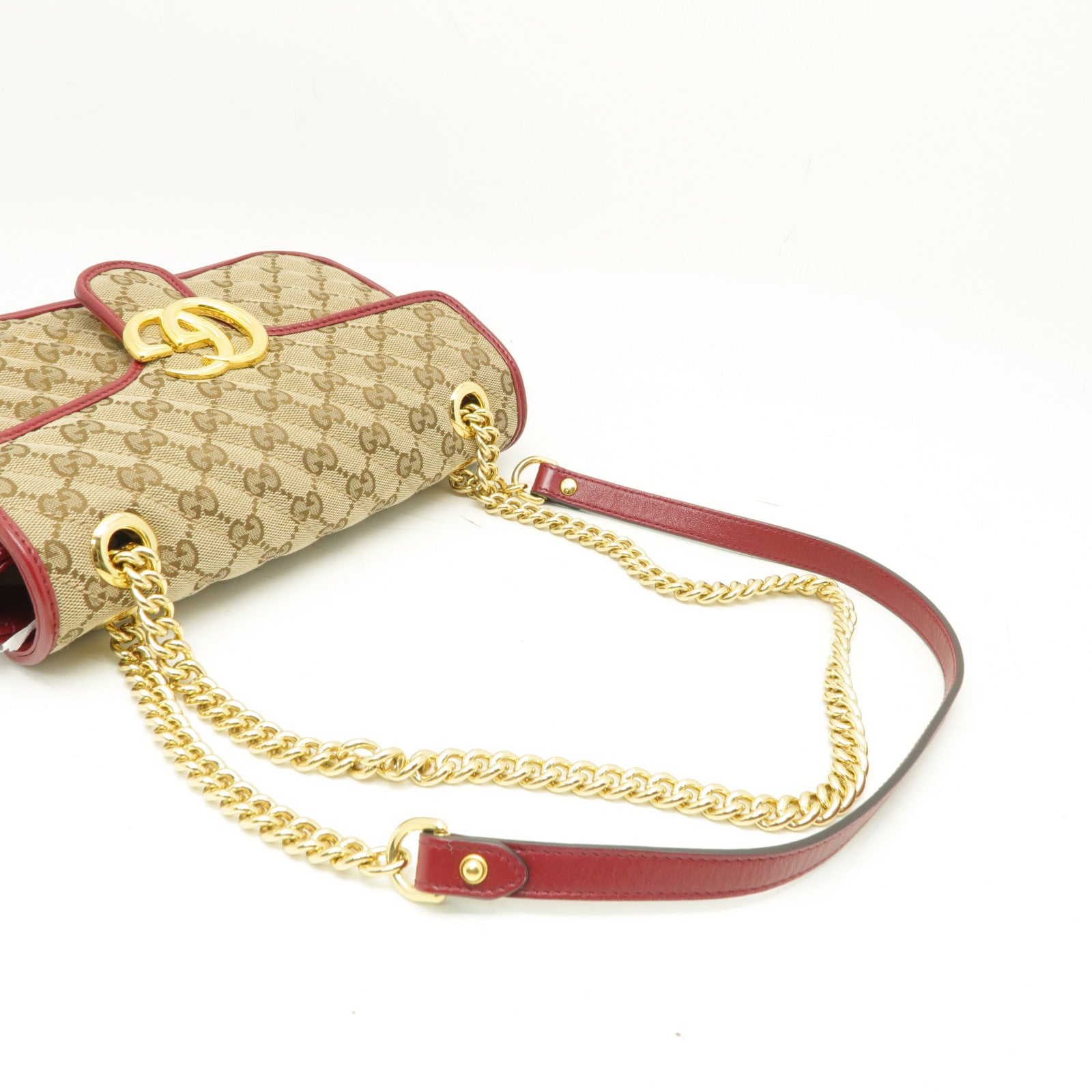 GUCCI 帆布GG Marmont金扣鏈帶肩背袋米色/紅色