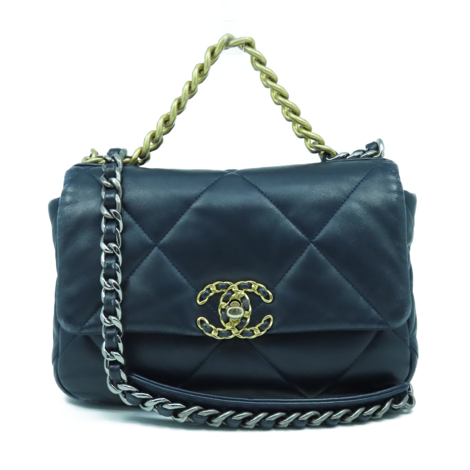 CHANEL 菱格羊皮皮革Chanel 19 Small金扣手挽肩背兩用袋深藍色