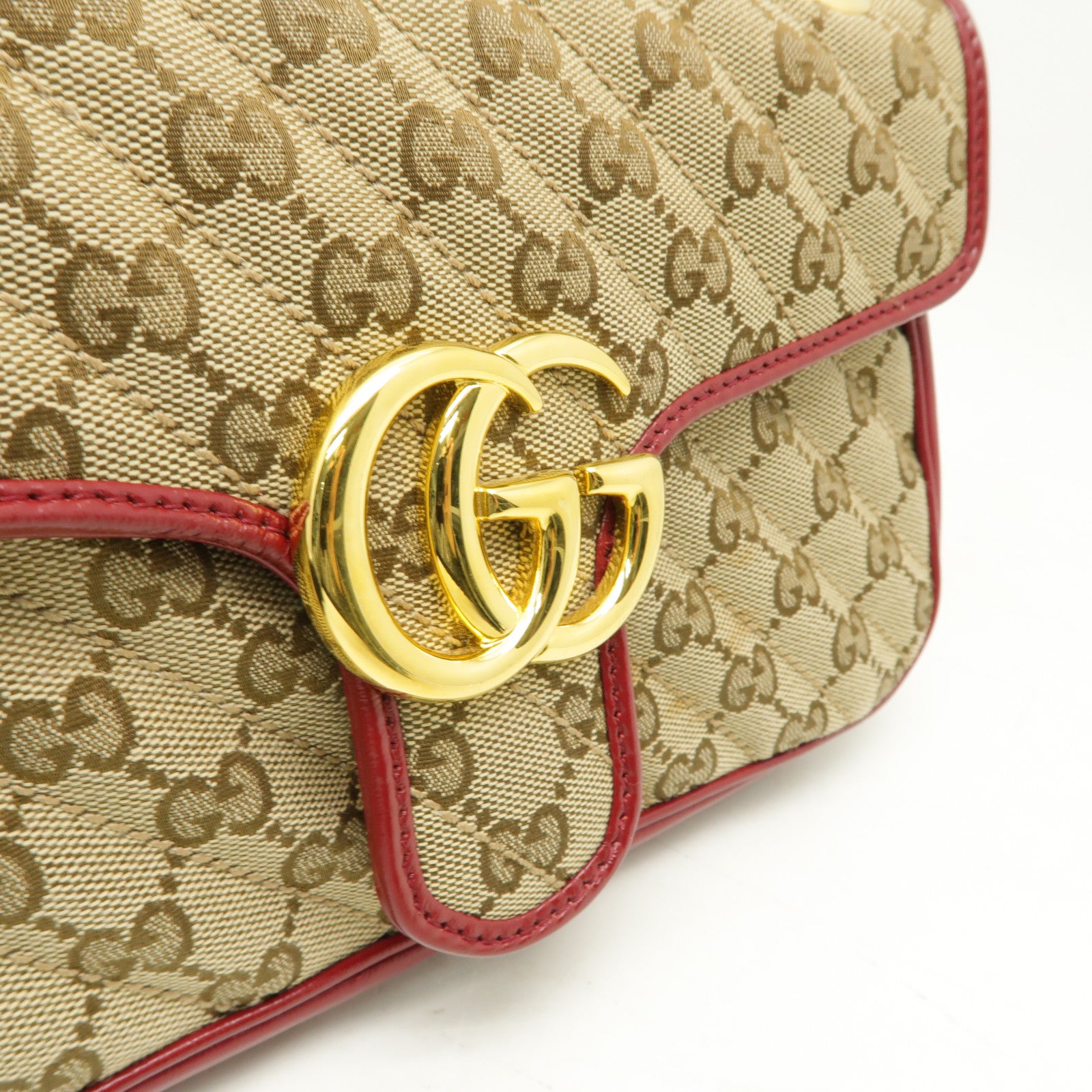 GUCCI 帆布GG Marmont金扣鏈帶肩背袋米色/紅色