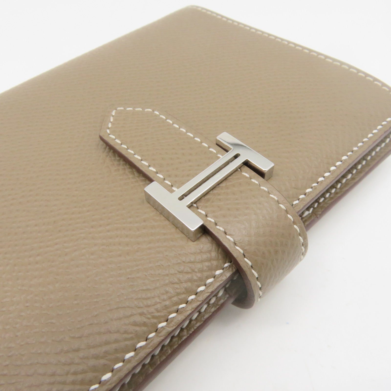 HERMES Epsom Leather Bearn Wallet Silver Buckle Short Wallet Etoupe Brown