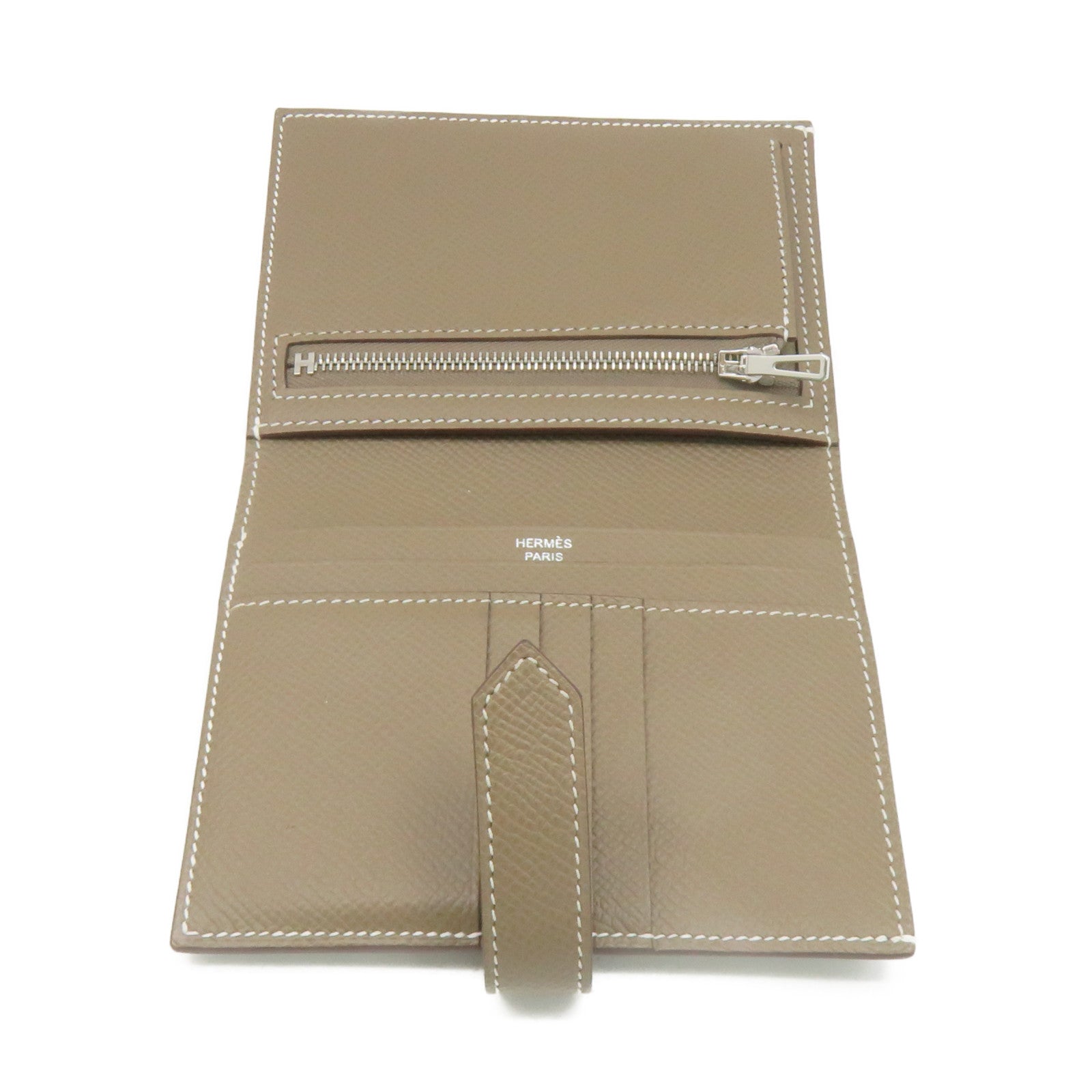 HERMES Epsom Leather Bearn Wallet Silver Buckle Short Wallet Etoupe Brown