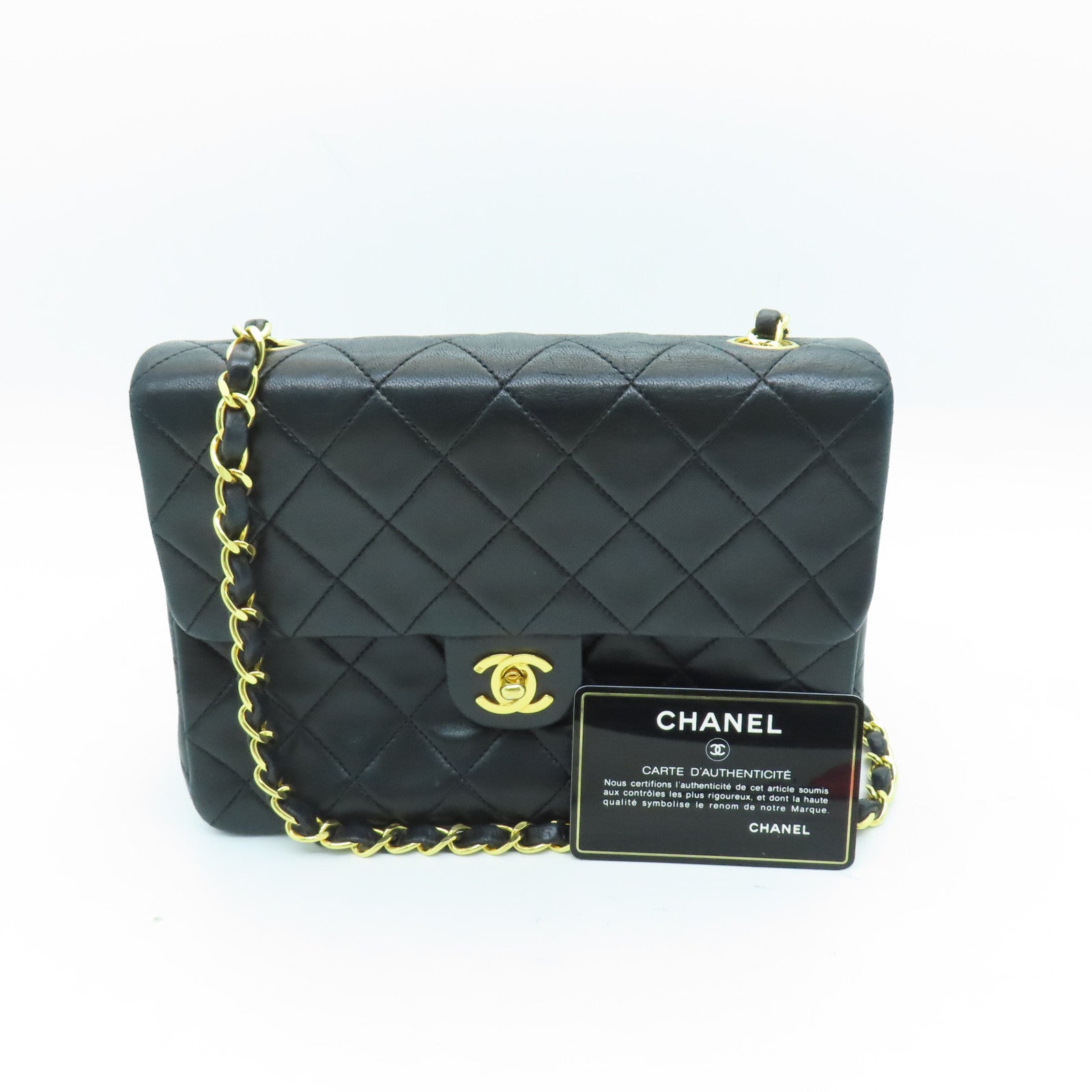 CHANEL Sheepskin Leather Vintage 20cm Gold Buckle Chain Shoulder Bag Black
