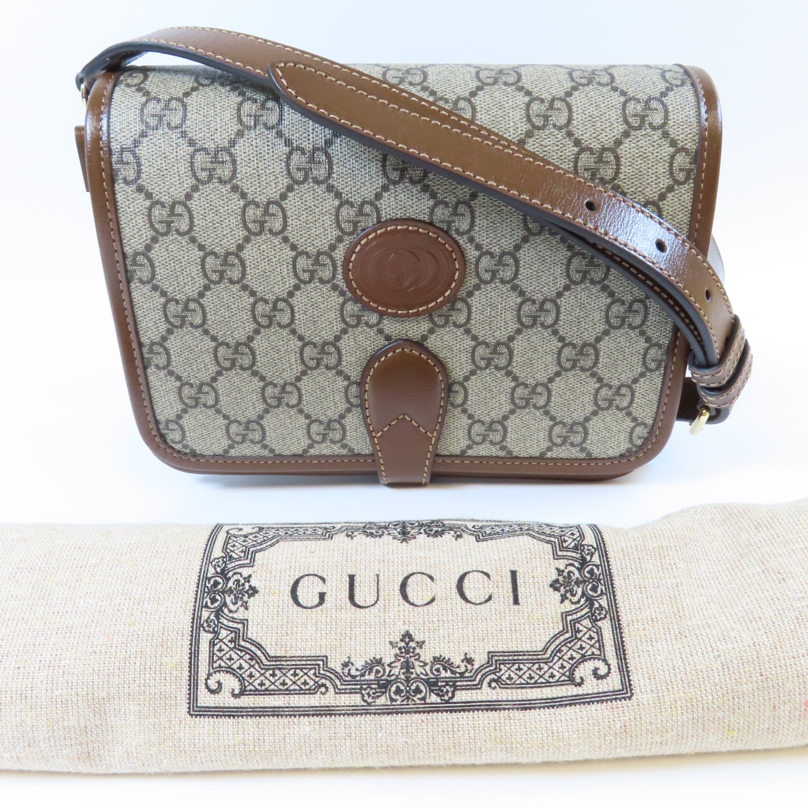 GUCCI 塗層帆布GG Retro金扣肩背袋啡色