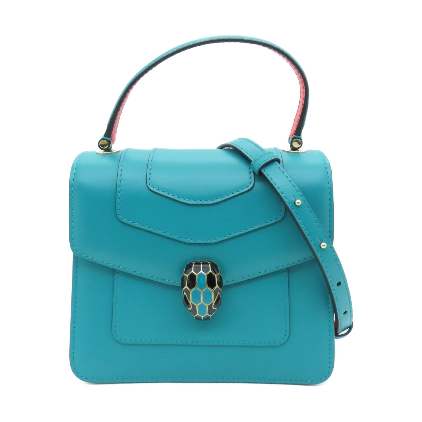 BVLGARI Cowhide Leather 2 Way Bag Gold Buckle Handle Chain Strap Shoulder Bag Red/Green