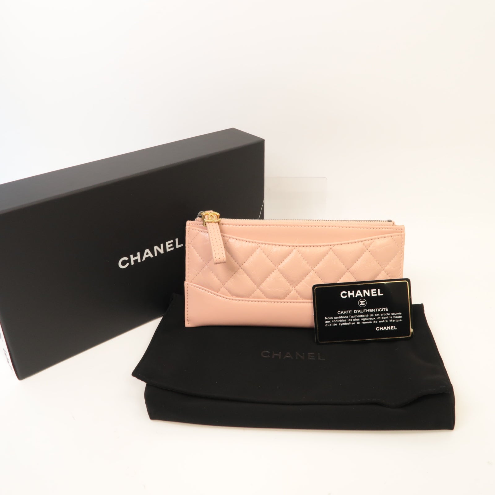 CHANEL 菱格皮革Zipped Long Wallet金扣粉紅色