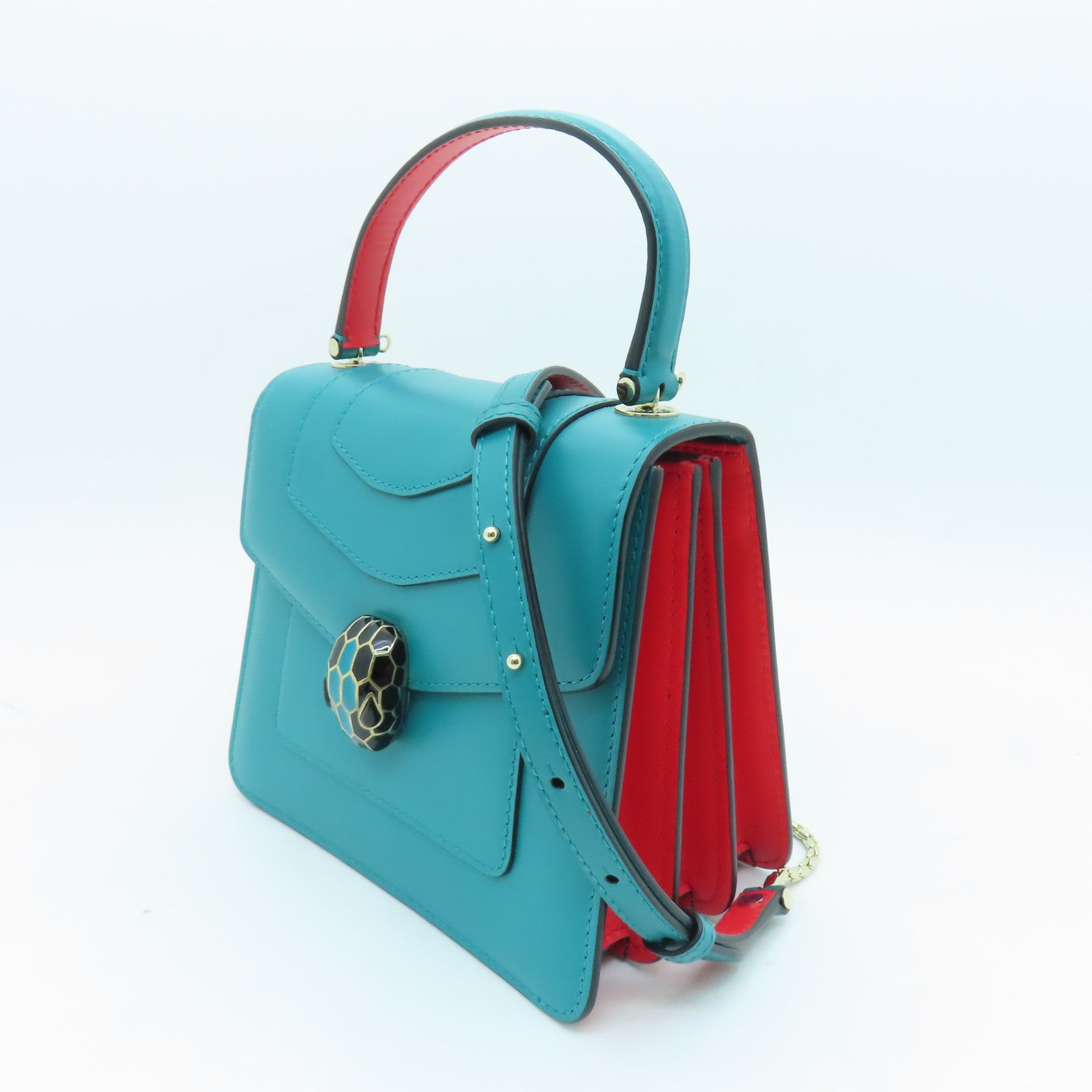 BVLGARI Cowhide Leather 2 Way Bag Gold Buckle Handle Chain Strap Shoulder Bag Red/Green
