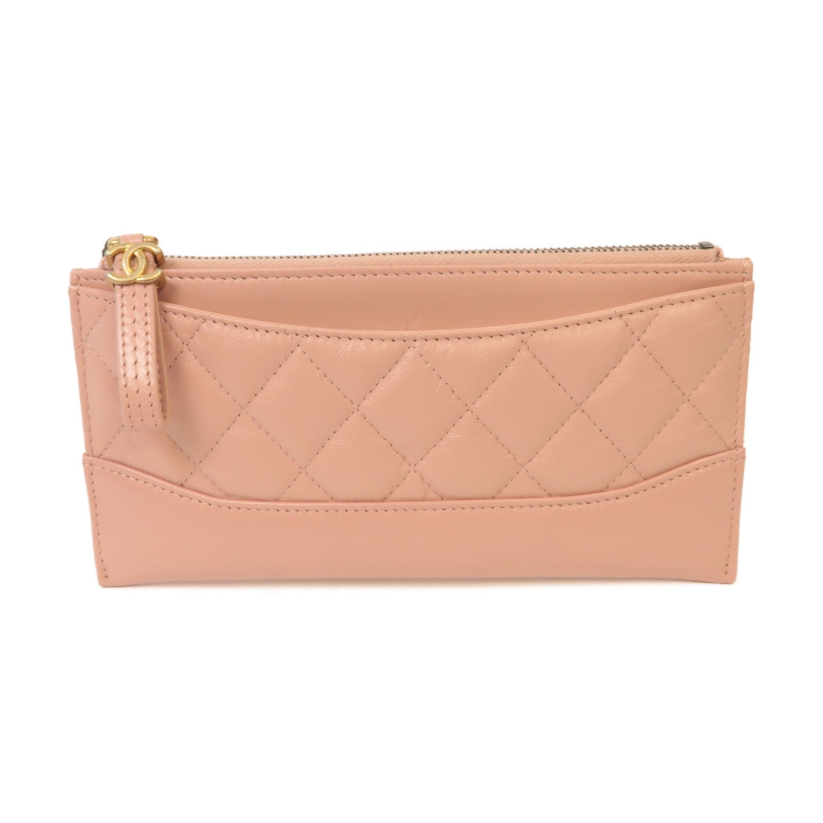 CHANEL 菱格皮革Zipped Long Wallet金扣粉紅色