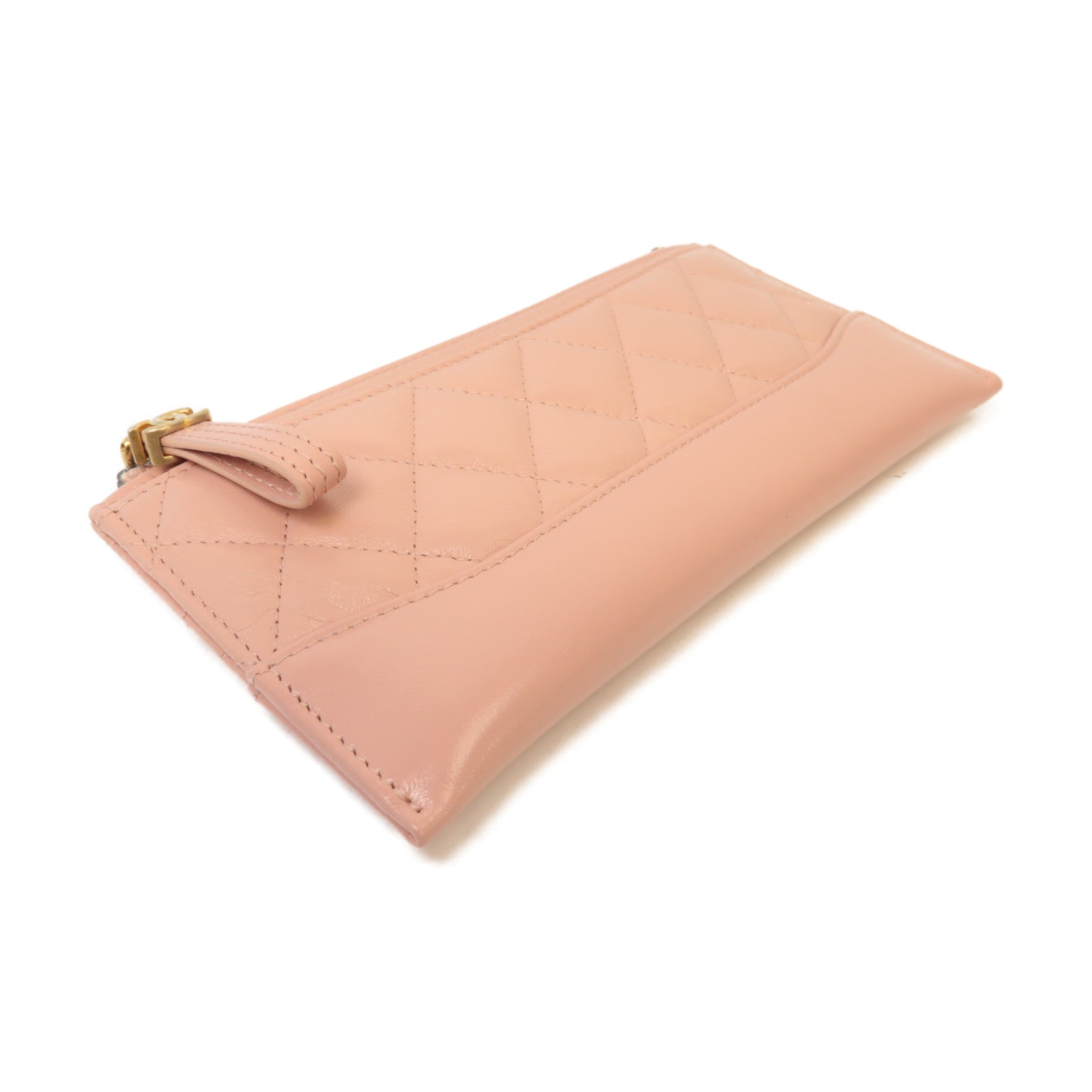CHANEL 菱格皮革Zipped Long Wallet金扣粉紅色