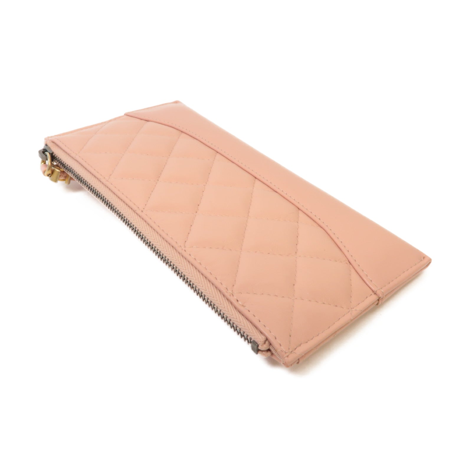 CHANEL 菱格皮革Zipped Long Wallet金扣粉紅色