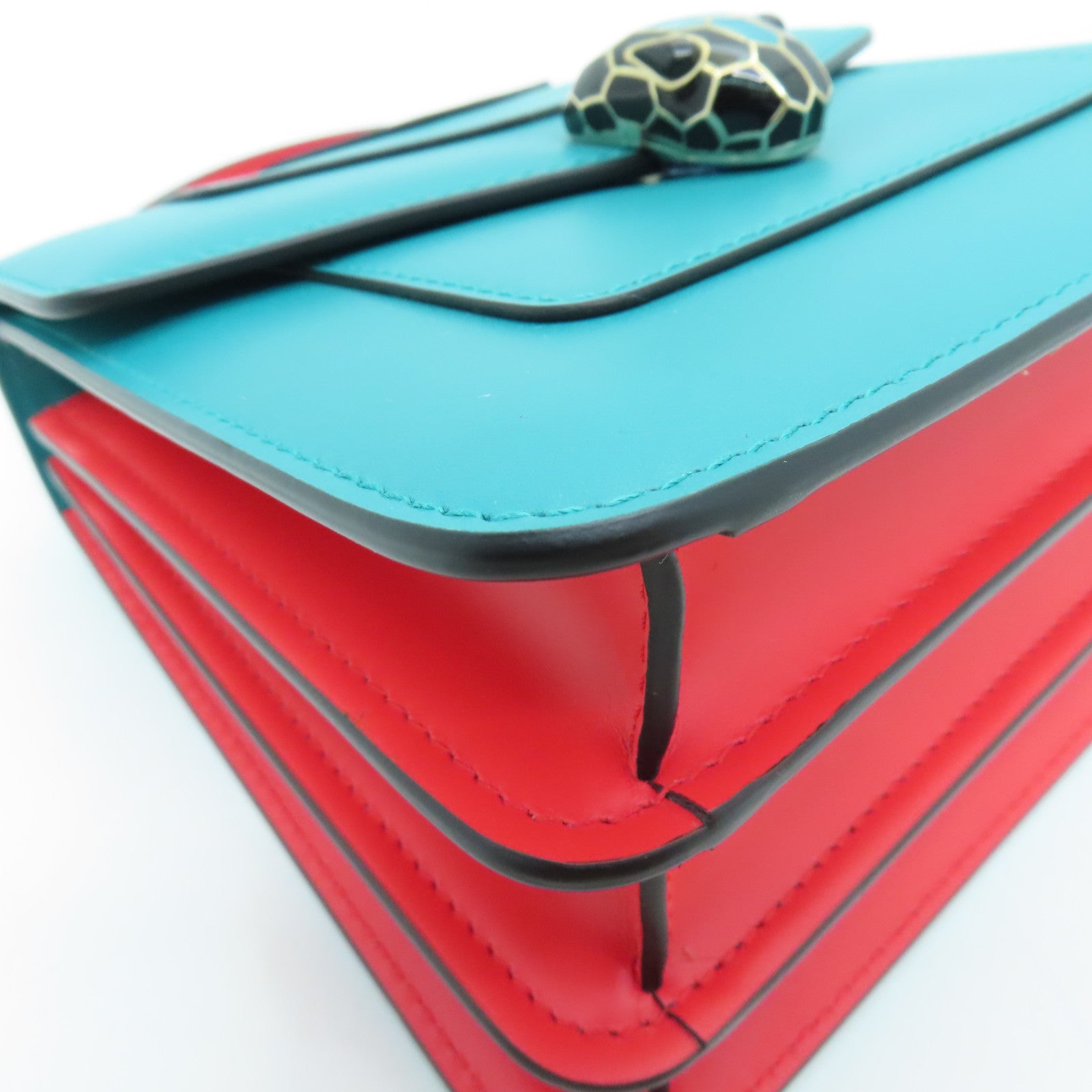 BVLGARI Cowhide Leather 2 Way Bag Gold Buckle Handle Chain Strap Shoulder Bag Red/Green