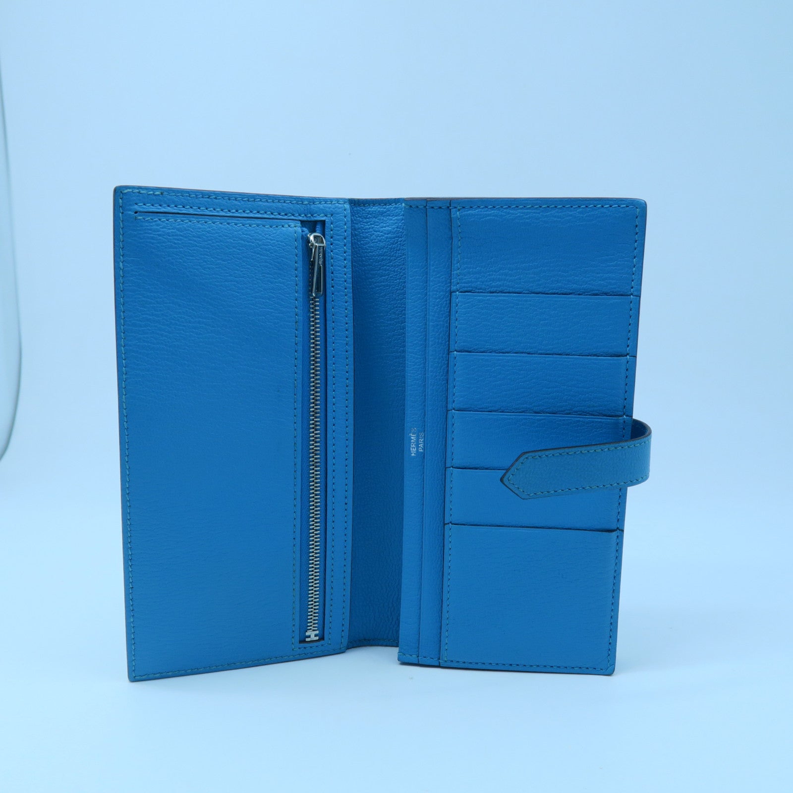 HERMES 【激減優惠】Chevre皮革Bearn bi-fold Long wallet銀扣長錢包藍色