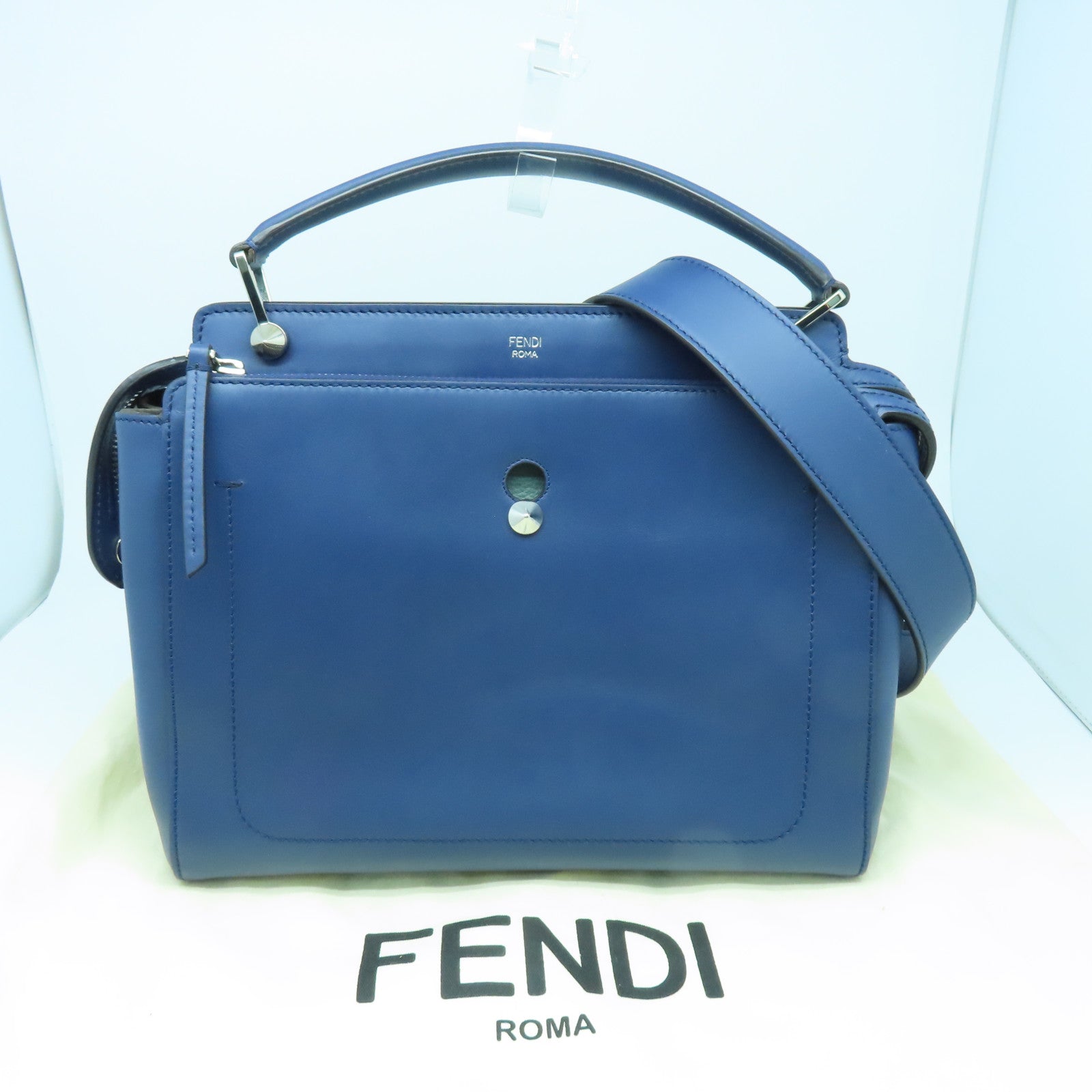 FENDI Cowhide Leather Dotcom Silver Buckle Handle Shoulder Bag Blue