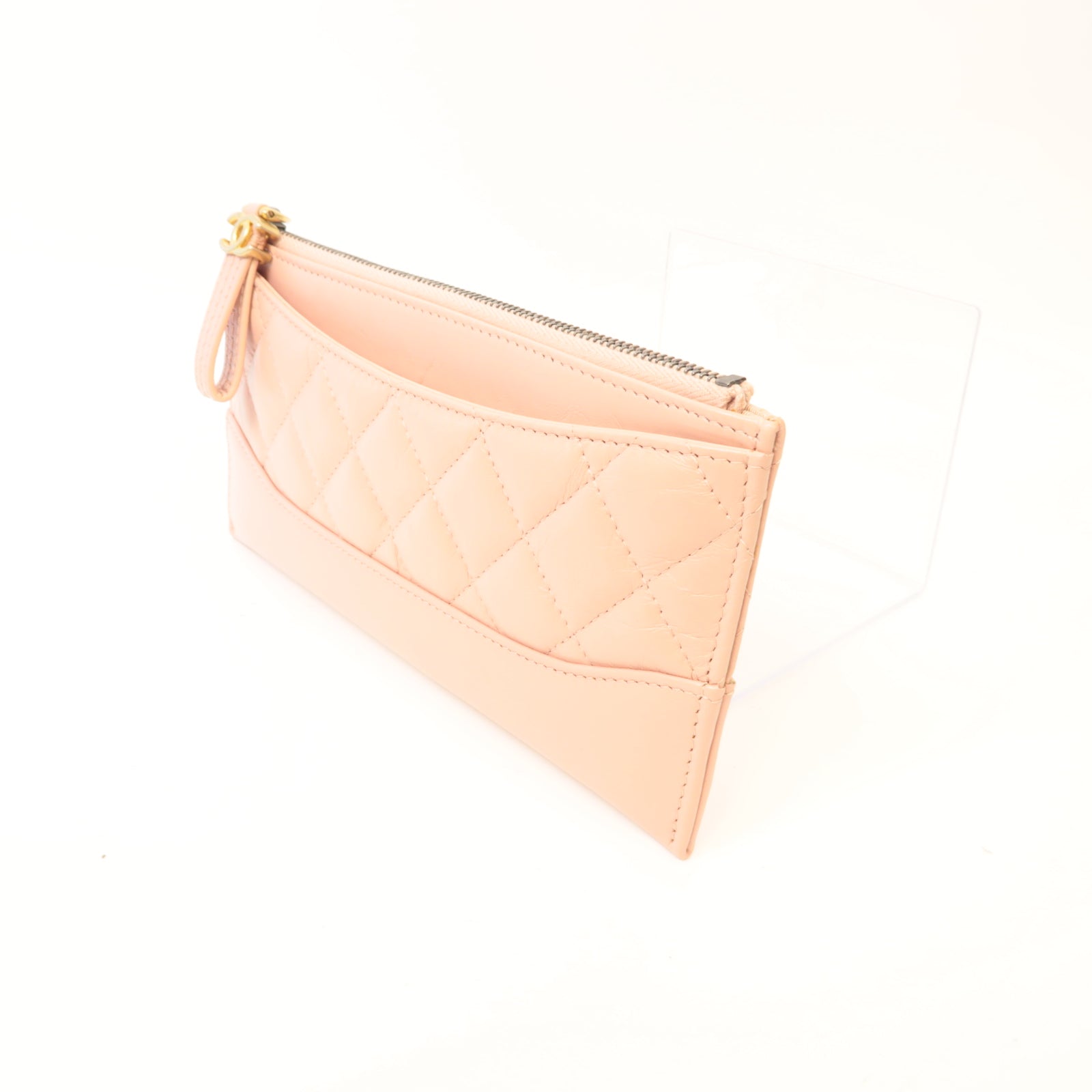 CHANEL 菱格皮革Zipped Long Wallet金扣粉紅色
