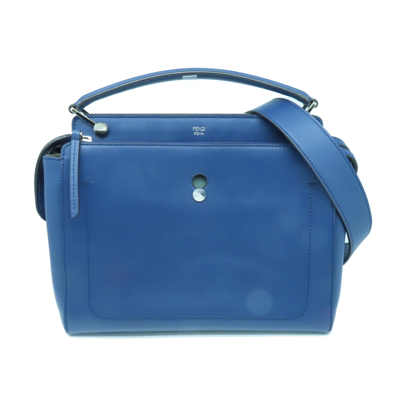 FENDI Cowhide Leather Dotcom Silver Buckle Handle Shoulder Bag Blue