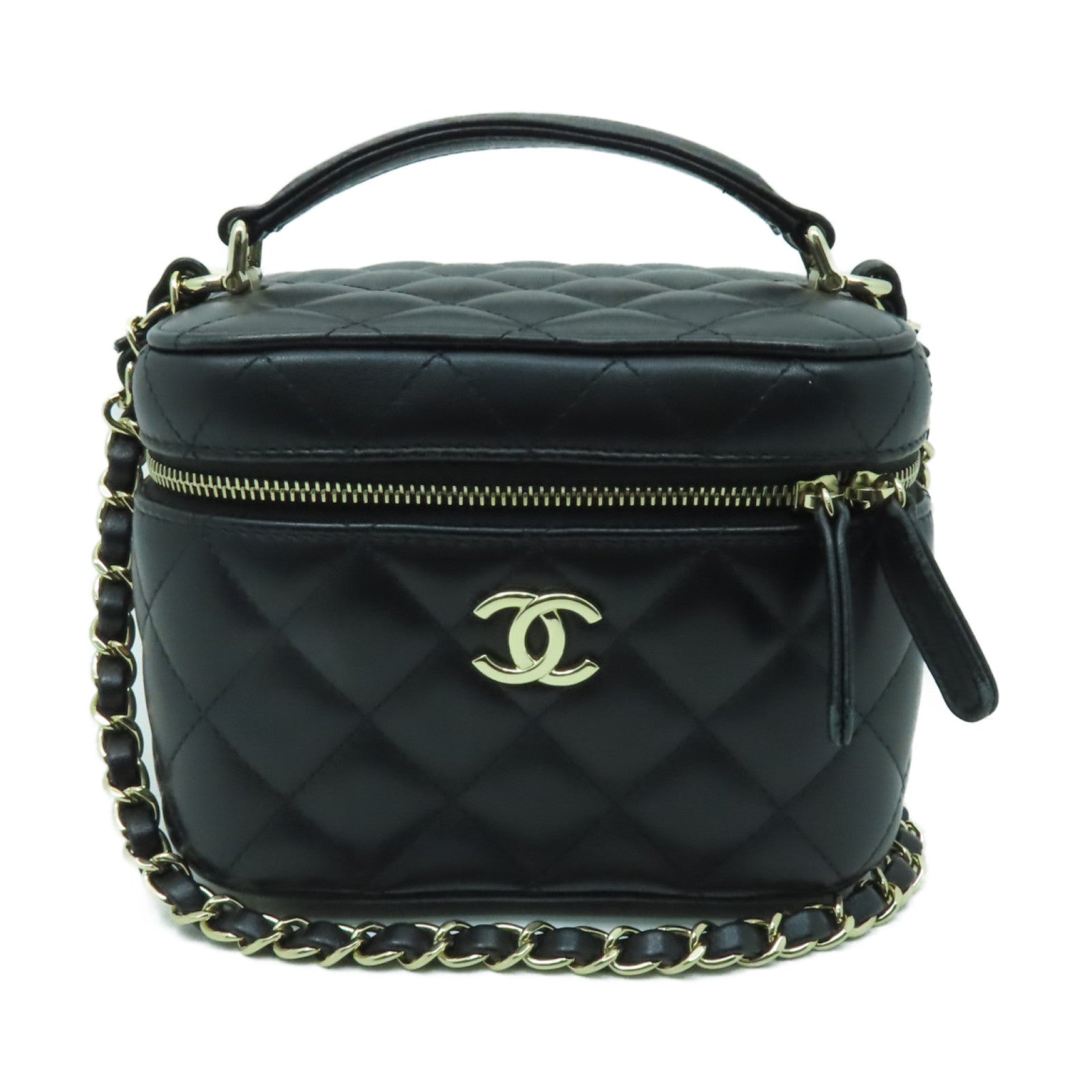 CHANEL 菱格羊皮皮革Chain Shoulder Bag金扣手挽肩背兩用袋黒色
