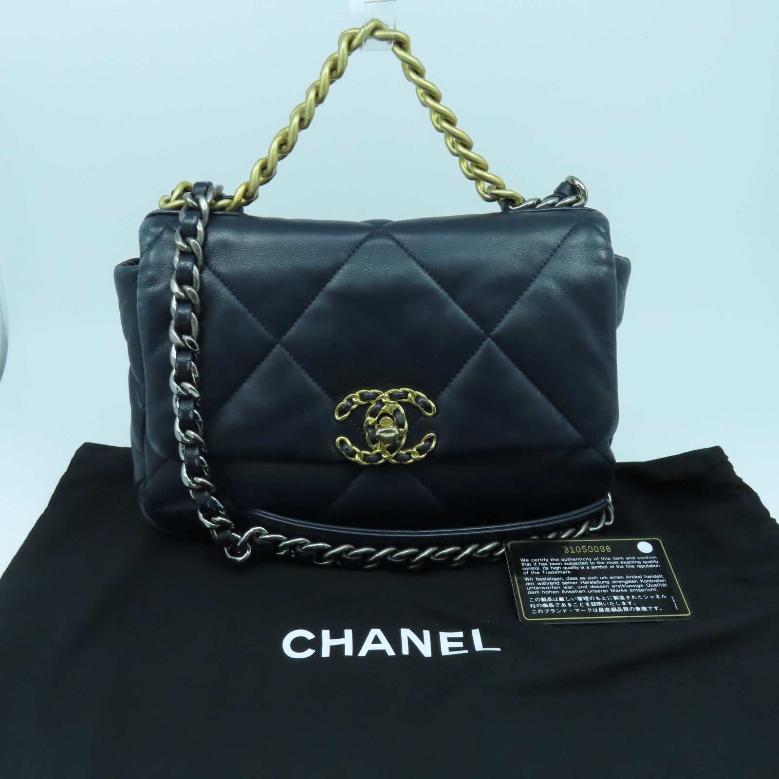 CHANEL 菱格羊皮皮革Chanel 19 Small金扣手挽肩背兩用袋深藍色