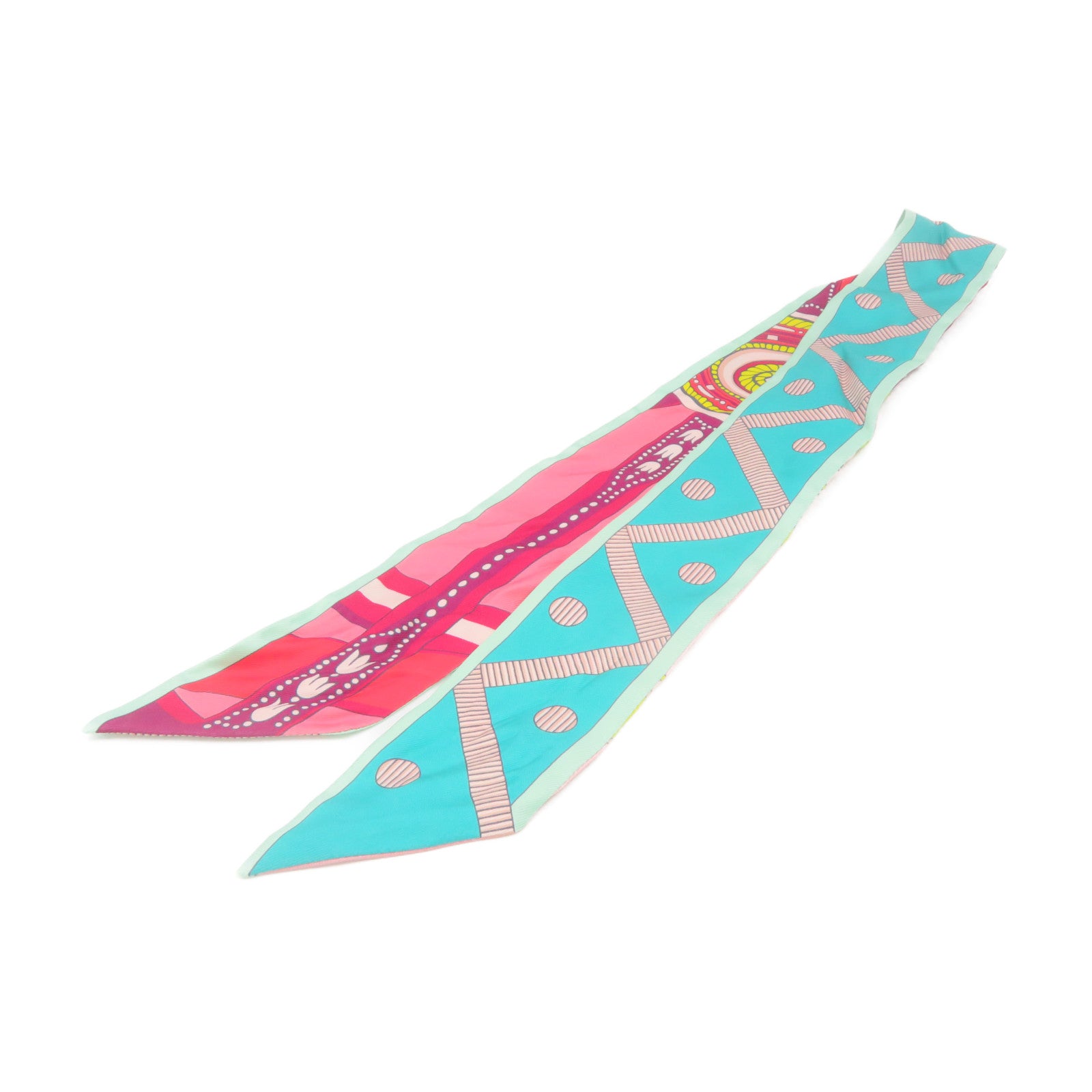 HERMES 絲質Twilly Scarf絲巾湖綠色/粉紅色/彩色