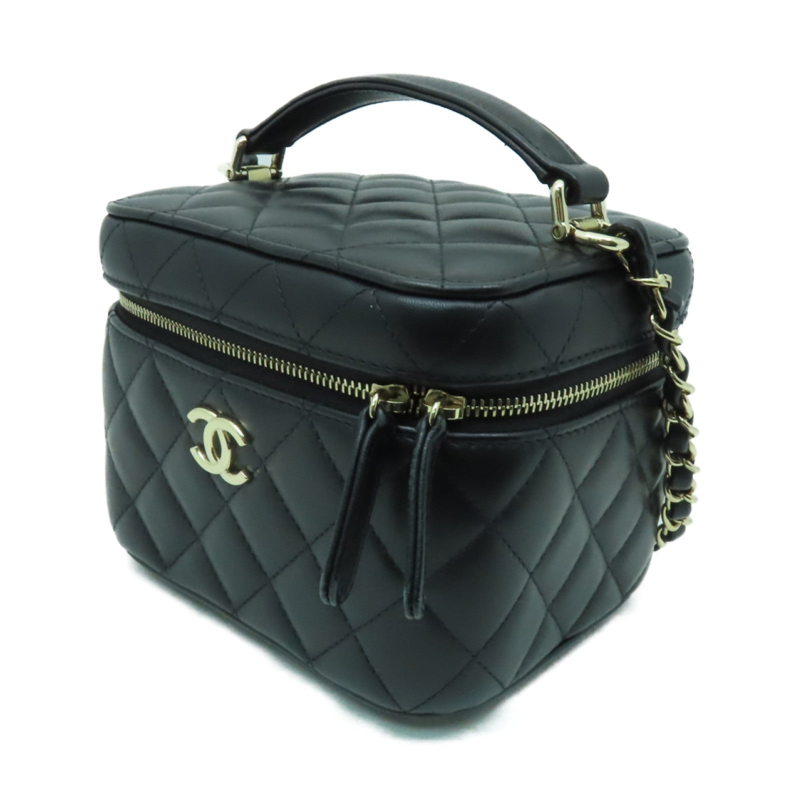 CHANEL 菱格羊皮皮革Chain Shoulder Bag金扣手挽肩背兩用袋黒色