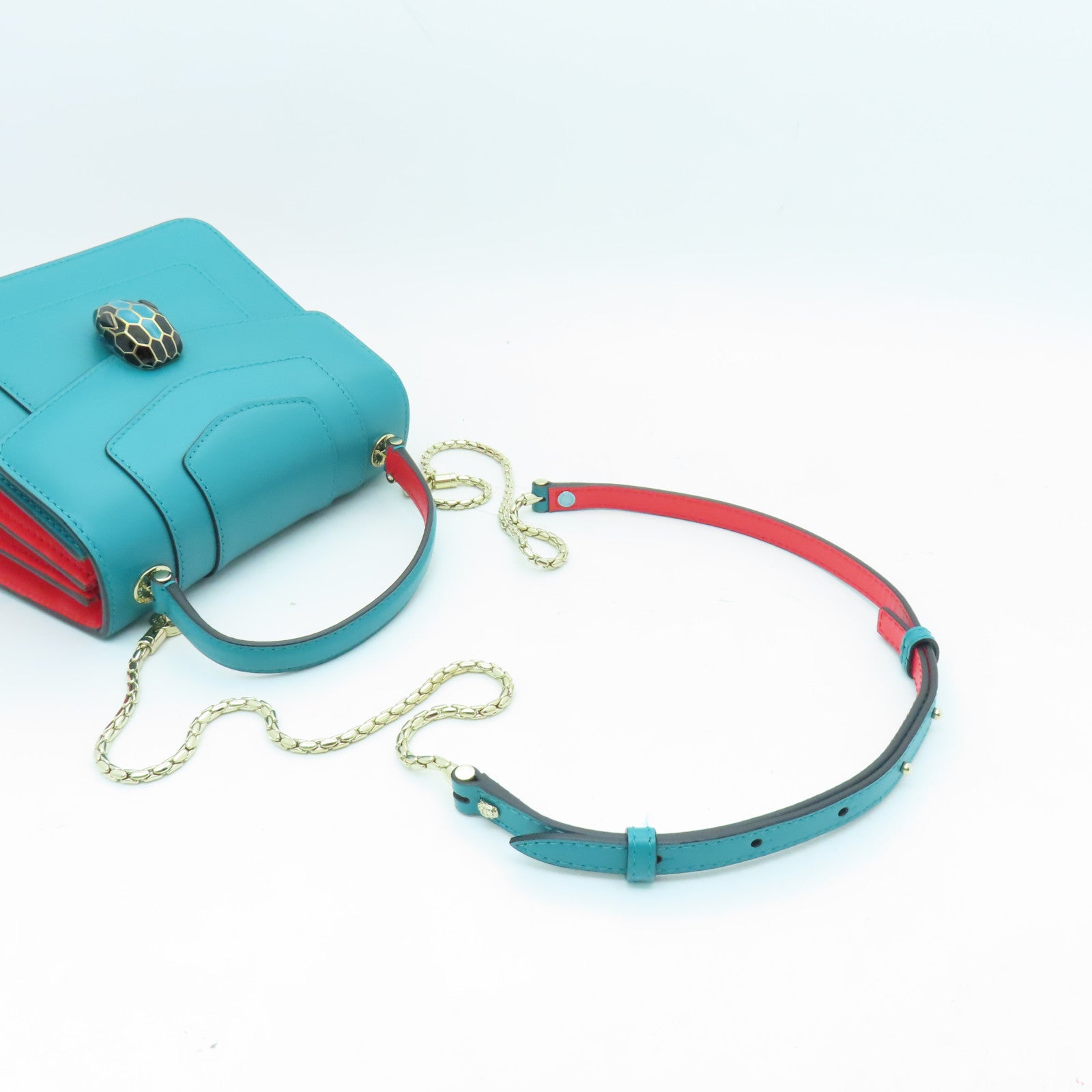 BVLGARI Cowhide Leather 2 Way Bag Gold Buckle Handle Chain Strap Shoulder Bag Red/Green