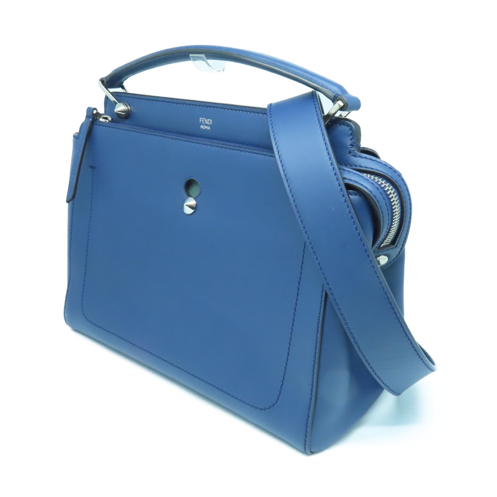 FENDI Cowhide Leather Dotcom Silver Buckle Handle Shoulder Bag Blue