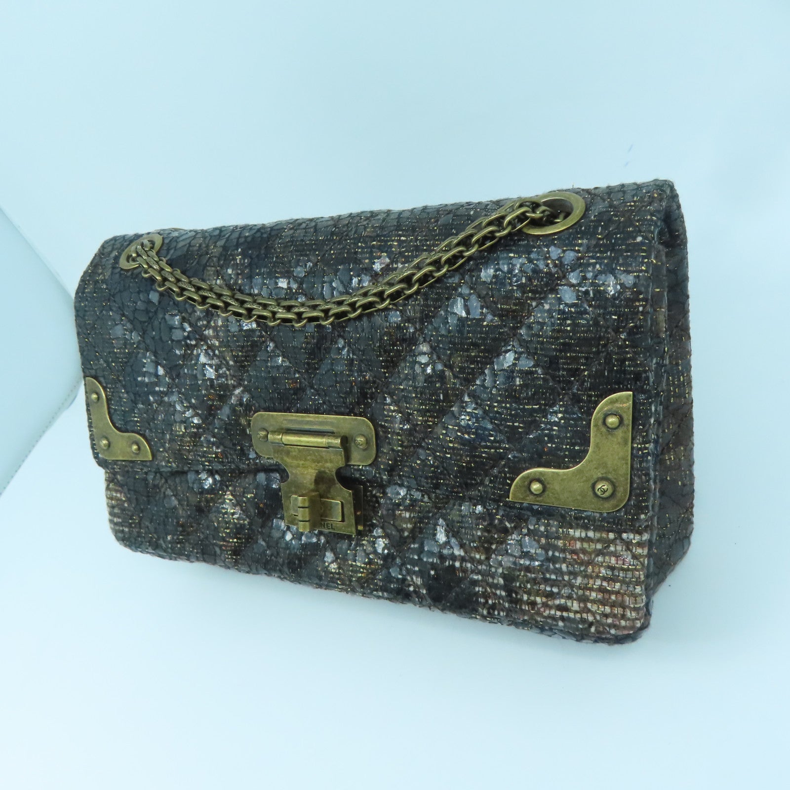 CHANEL Rhombus Coated Canvas Chain Shoulder Bag Gold Buckle Chain Belt Shoulder Bag Brown/Black
