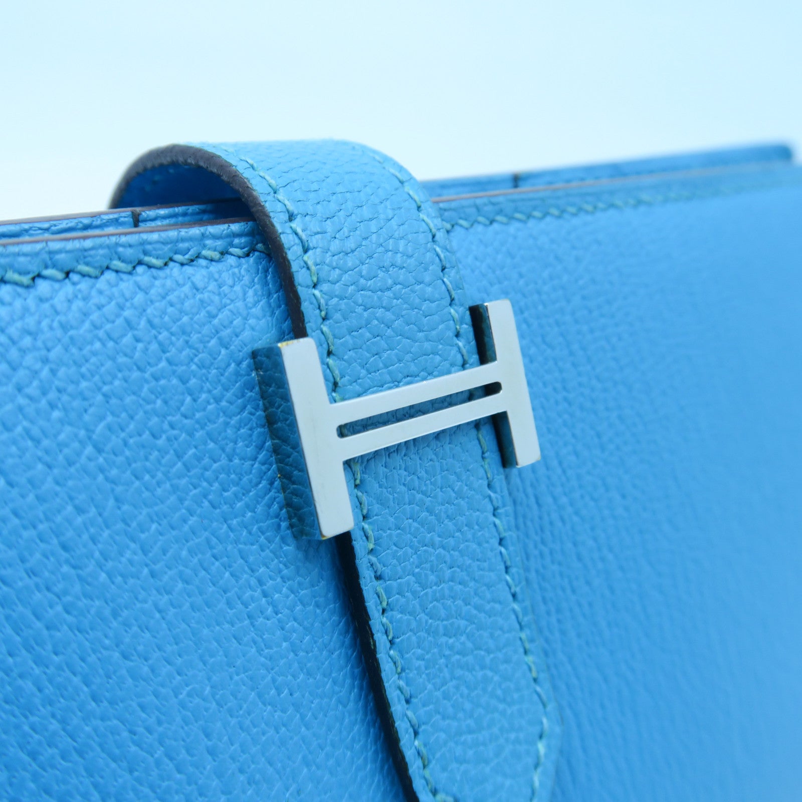 HERMES 【激減優惠】Chevre皮革Bearn bi-fold Long wallet銀扣長錢包藍色