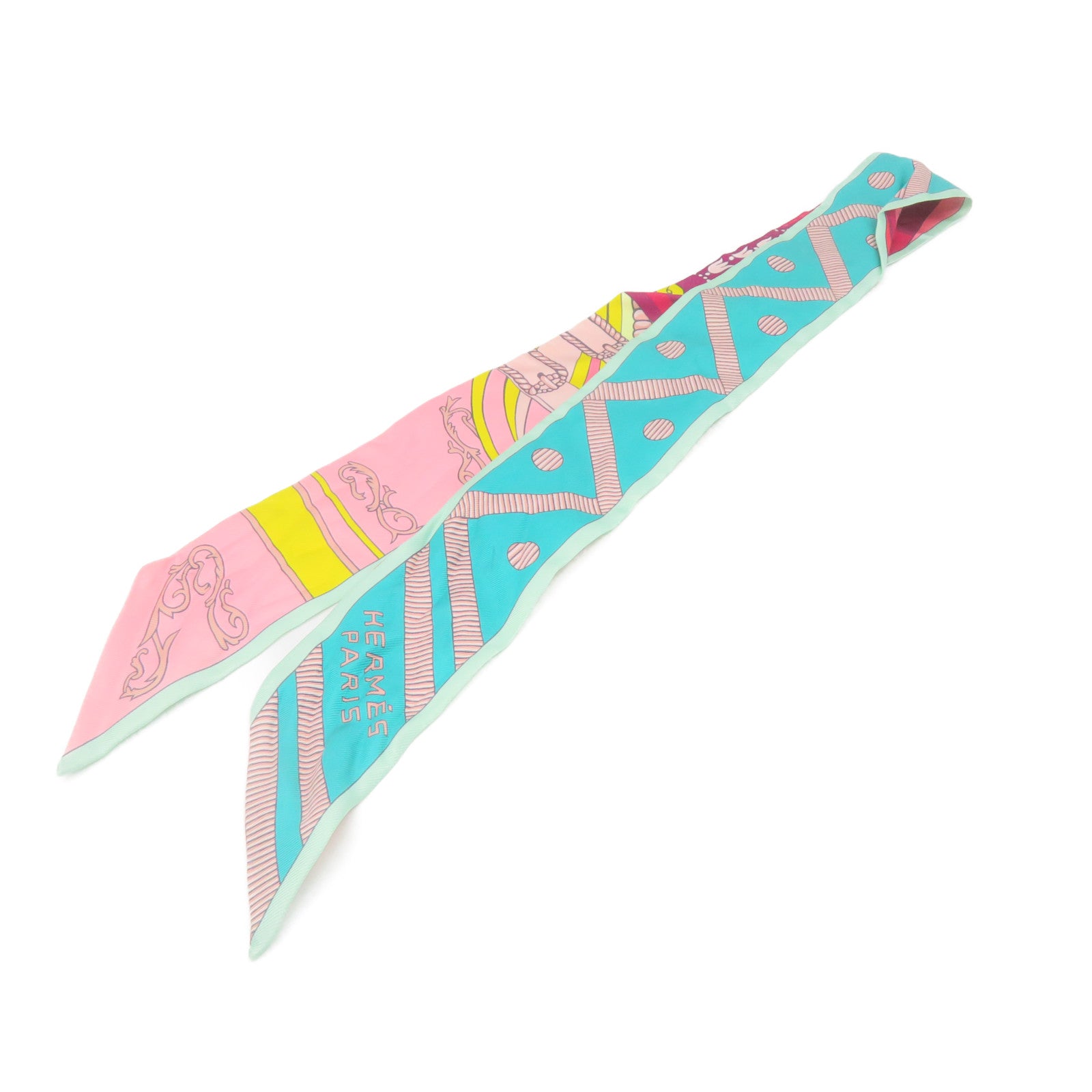 HERMES 絲質Twilly Scarf絲巾湖綠色/粉紅色/彩色
