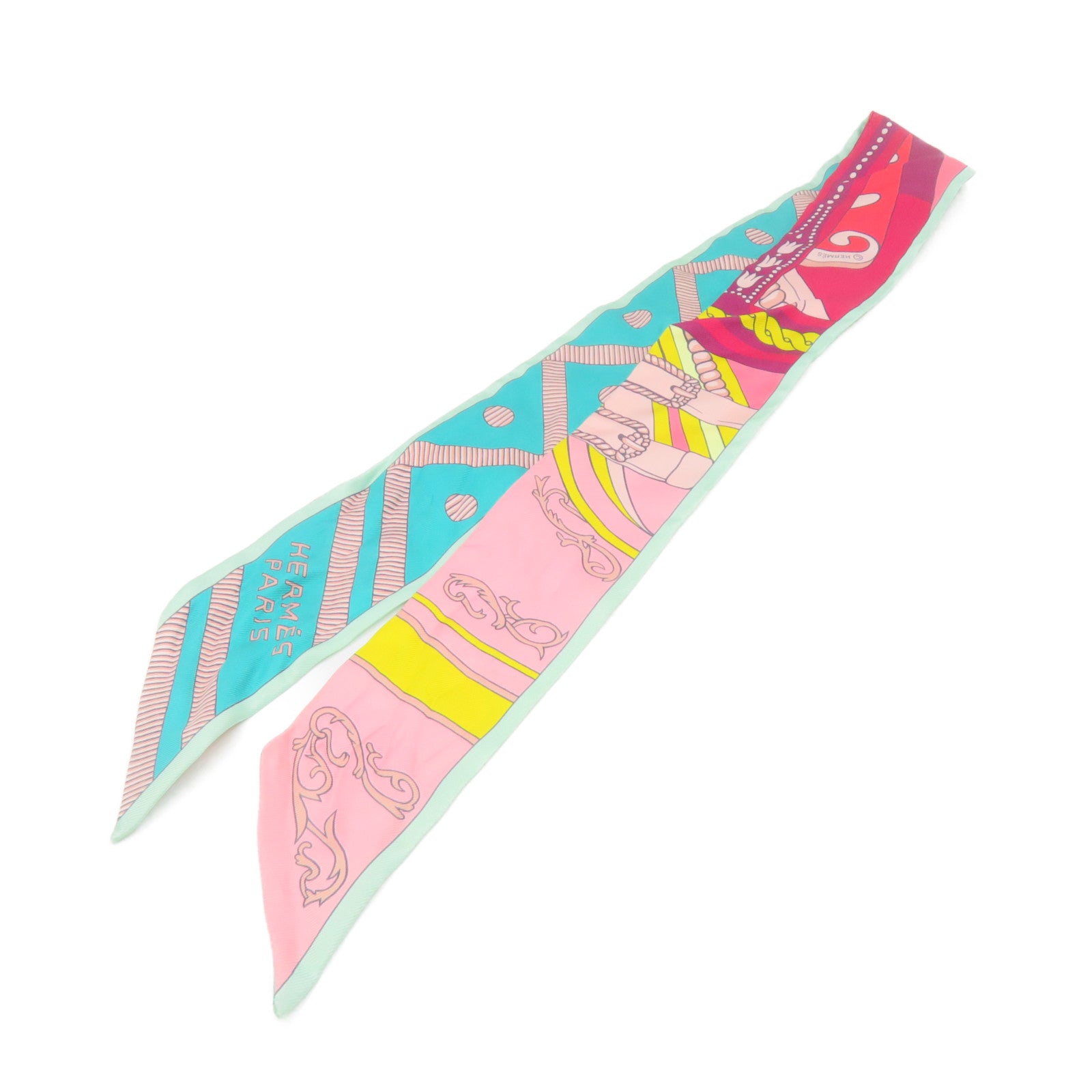 HERMES 絲質Twilly Scarf絲巾湖綠色/粉紅色/彩色