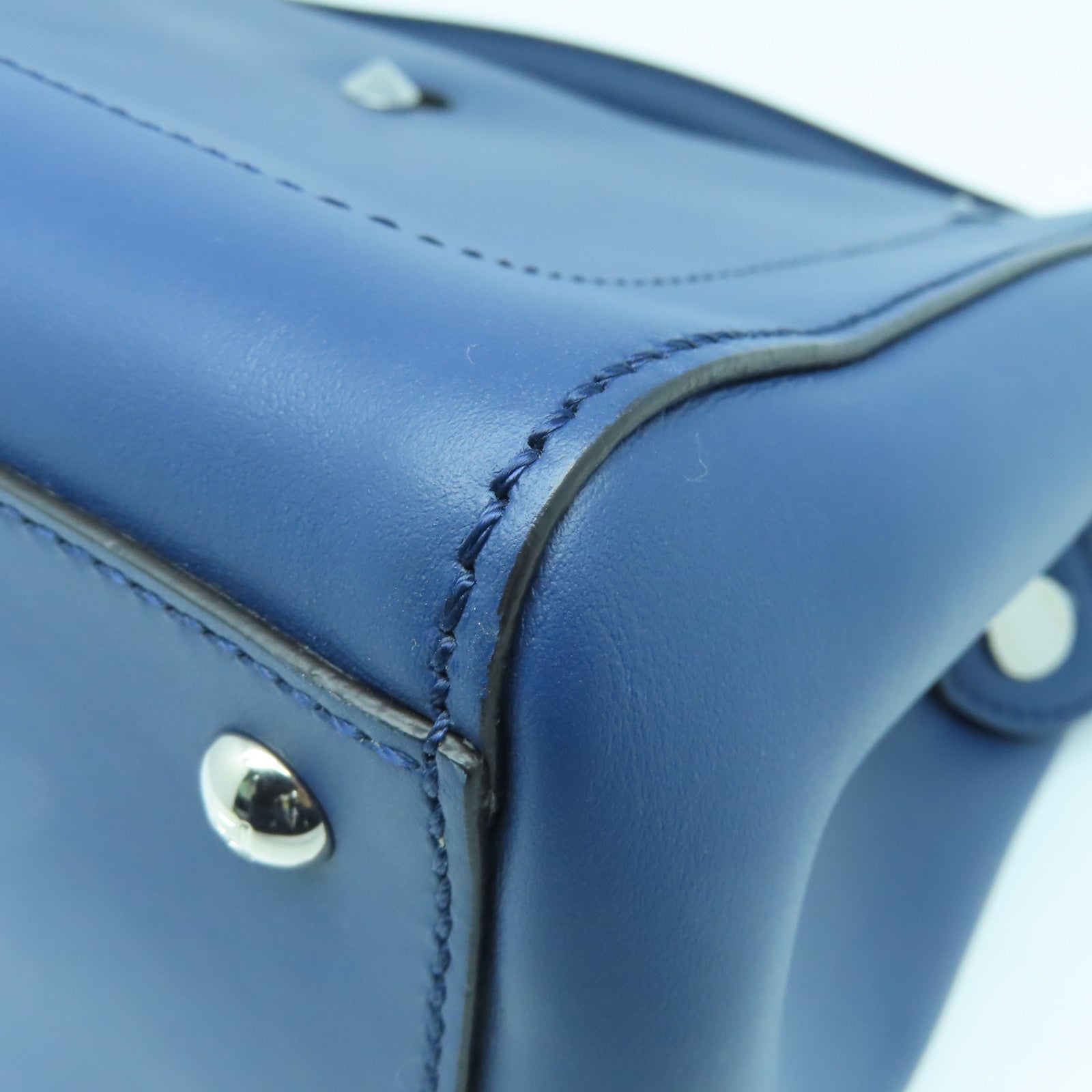 FENDI Cowhide Leather Dotcom Silver Buckle Handle Shoulder Bag Blue
