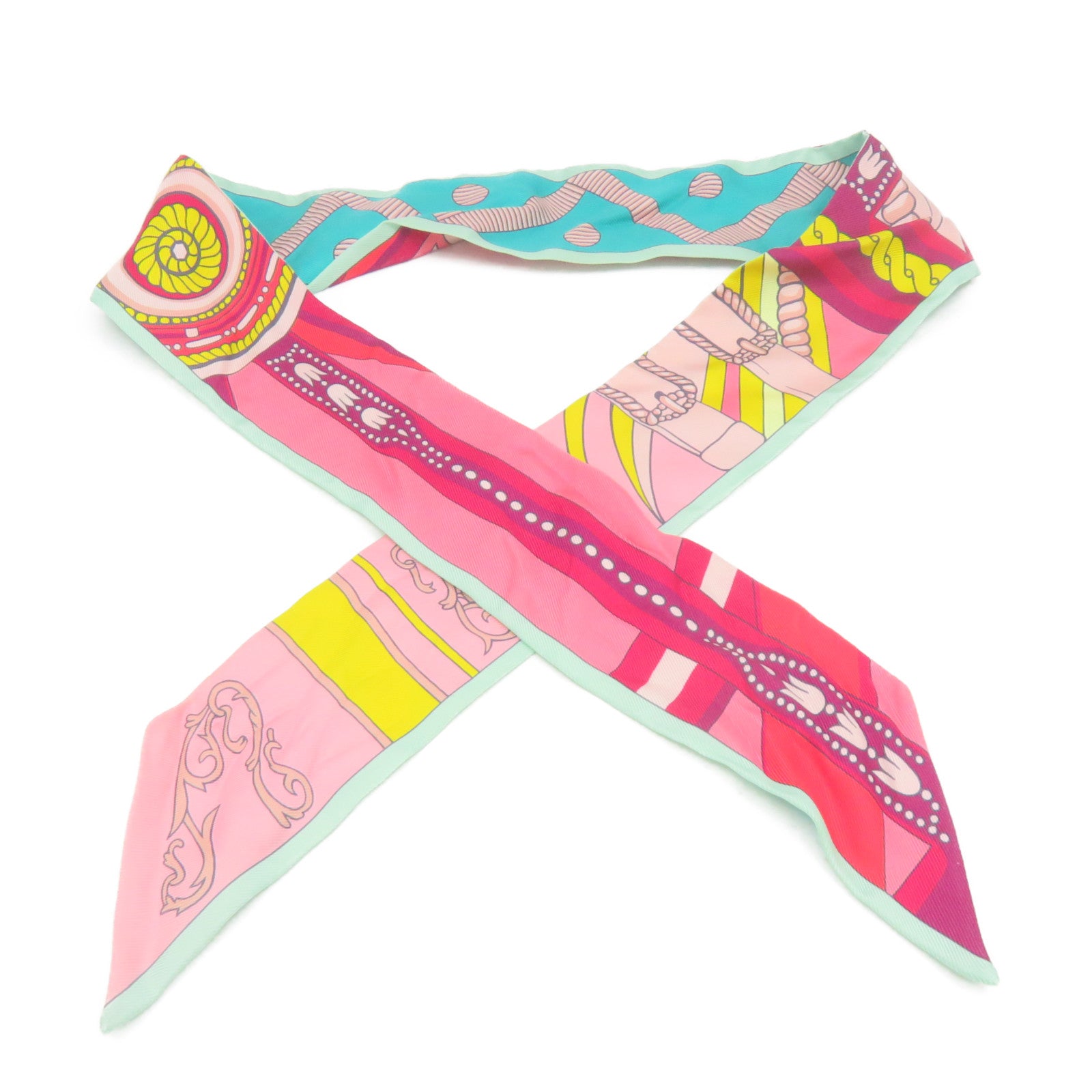 HERMES 絲質Twilly Scarf絲巾湖綠色/粉紅色/彩色