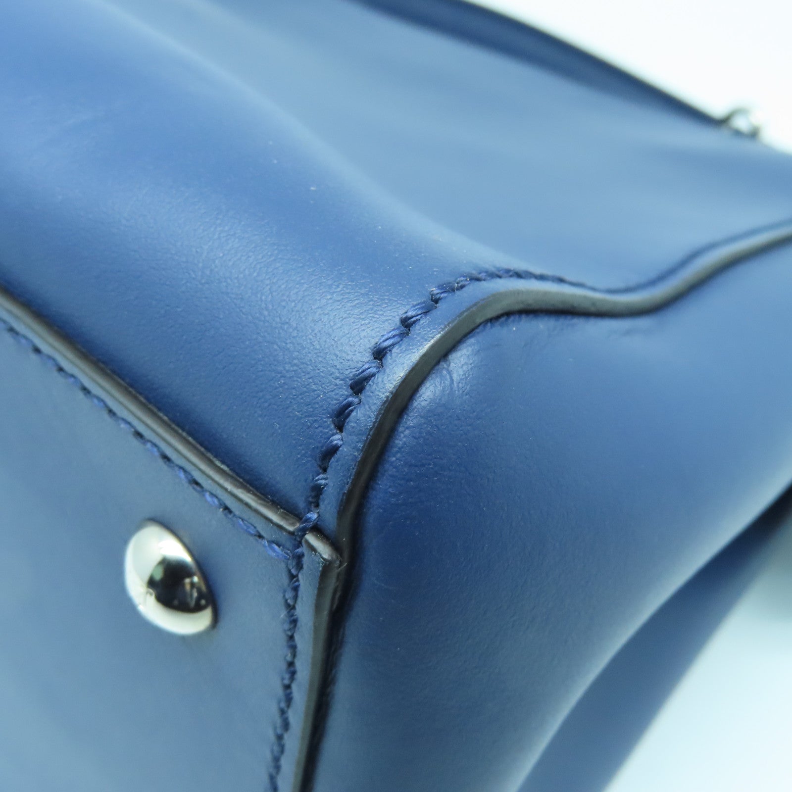 FENDI Cowhide Leather Dotcom Silver Buckle Handle Shoulder Bag Blue