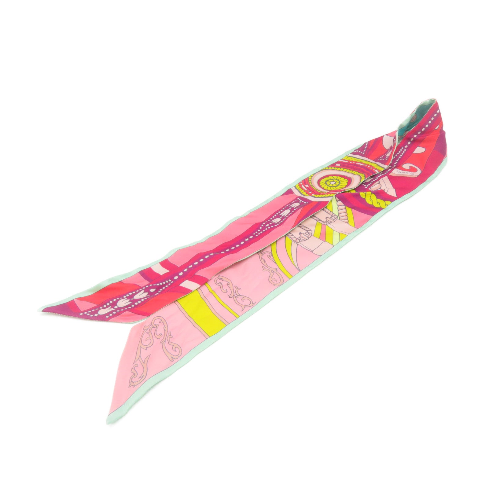 HERMES 絲質Twilly Scarf絲巾湖綠色/粉紅色/彩色