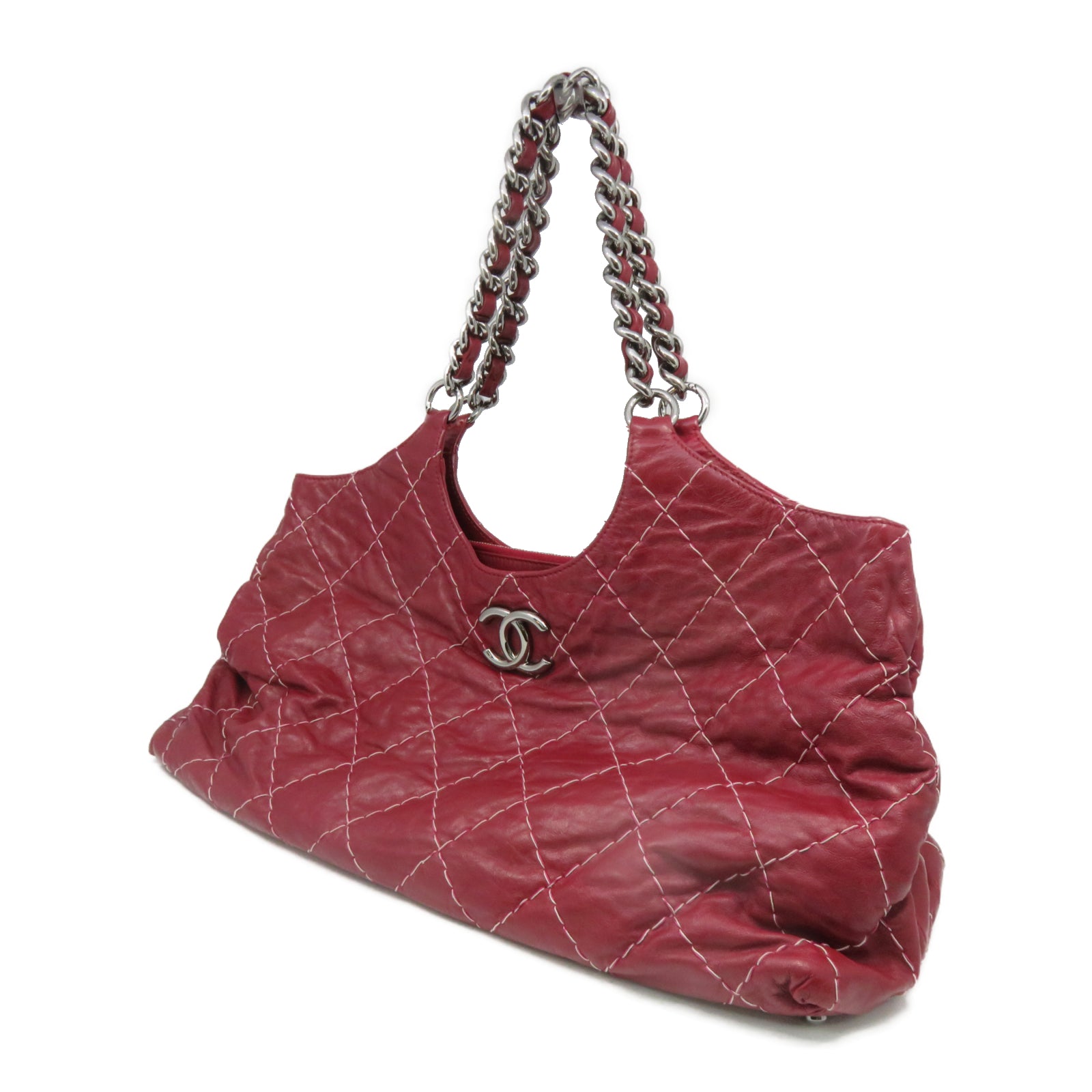 CHANEL [Sharp Reduction Offer] Lingge Cowhide Leather Chain Shoulder Silver Buckle Chain Belt Shoulder Bag Red