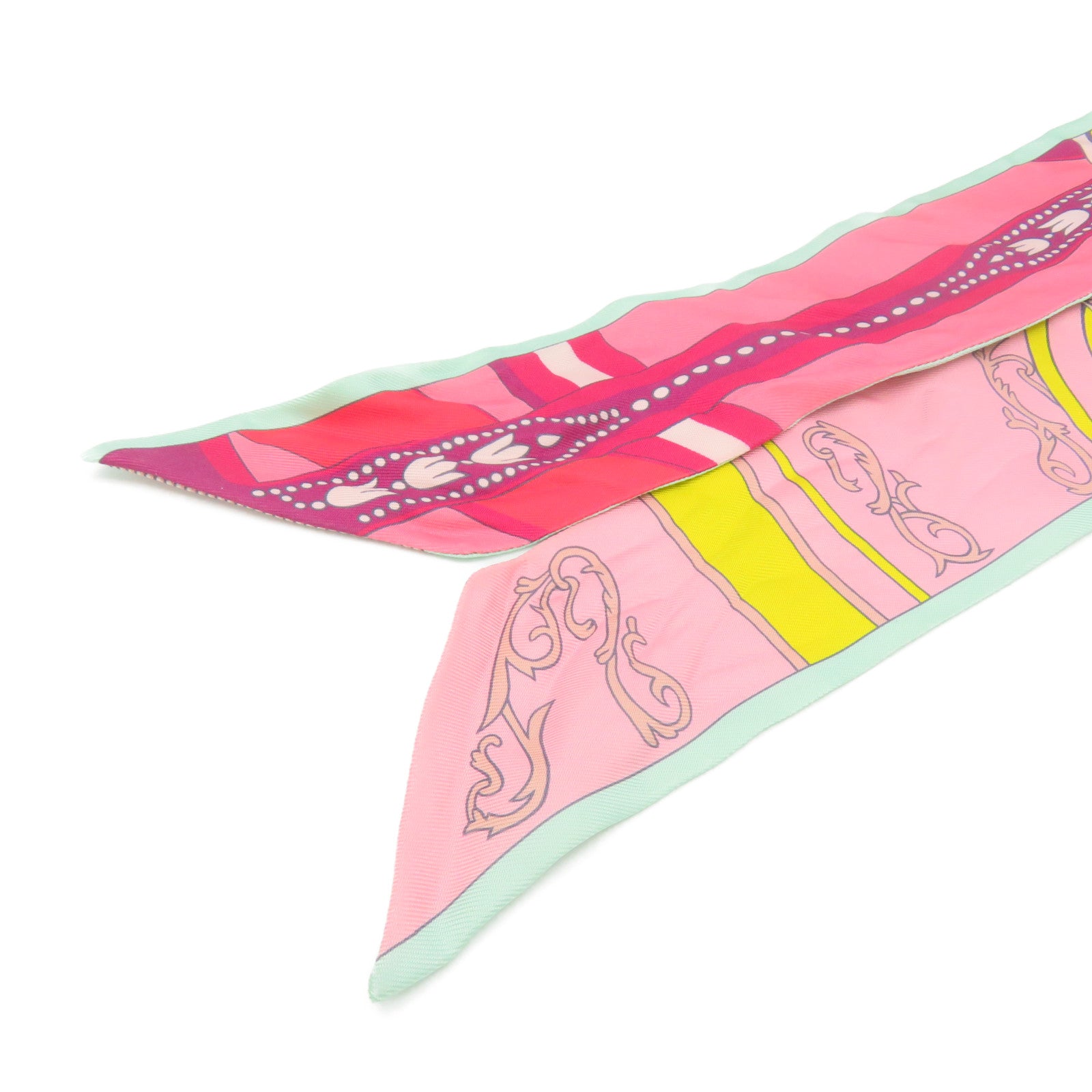 HERMES 絲質Twilly Scarf絲巾湖綠色/粉紅色/彩色