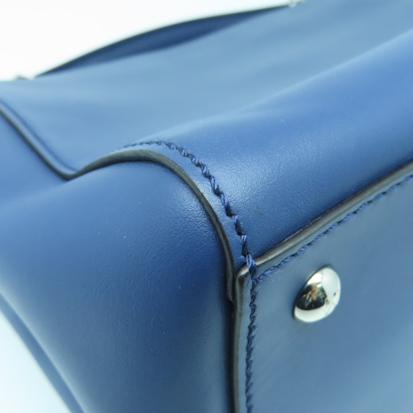 FENDI Cowhide Leather Dotcom Silver Buckle Handle Shoulder Bag Blue