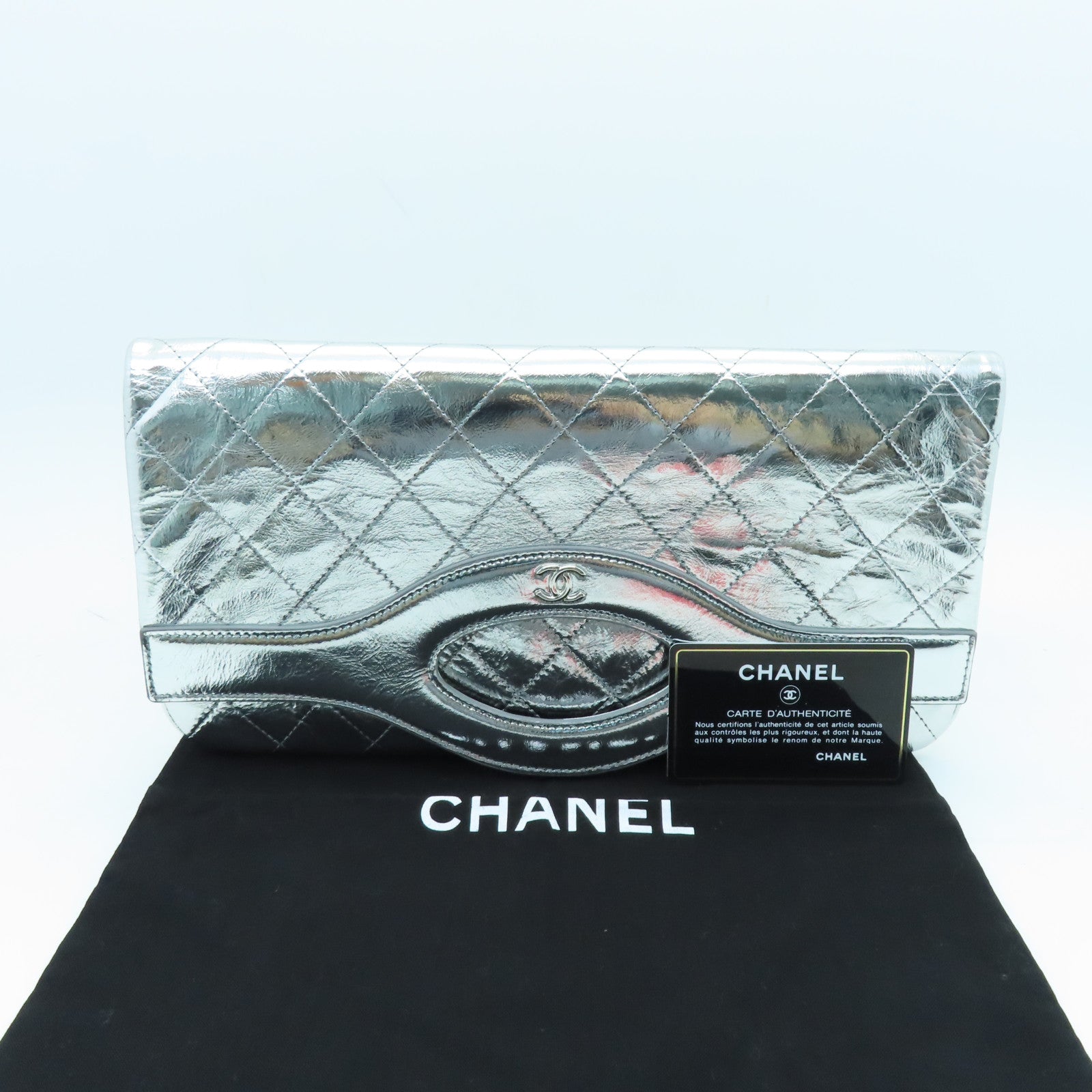 CHANEL Cowhide Leather Clutch Silver Buckle Clutch Silver