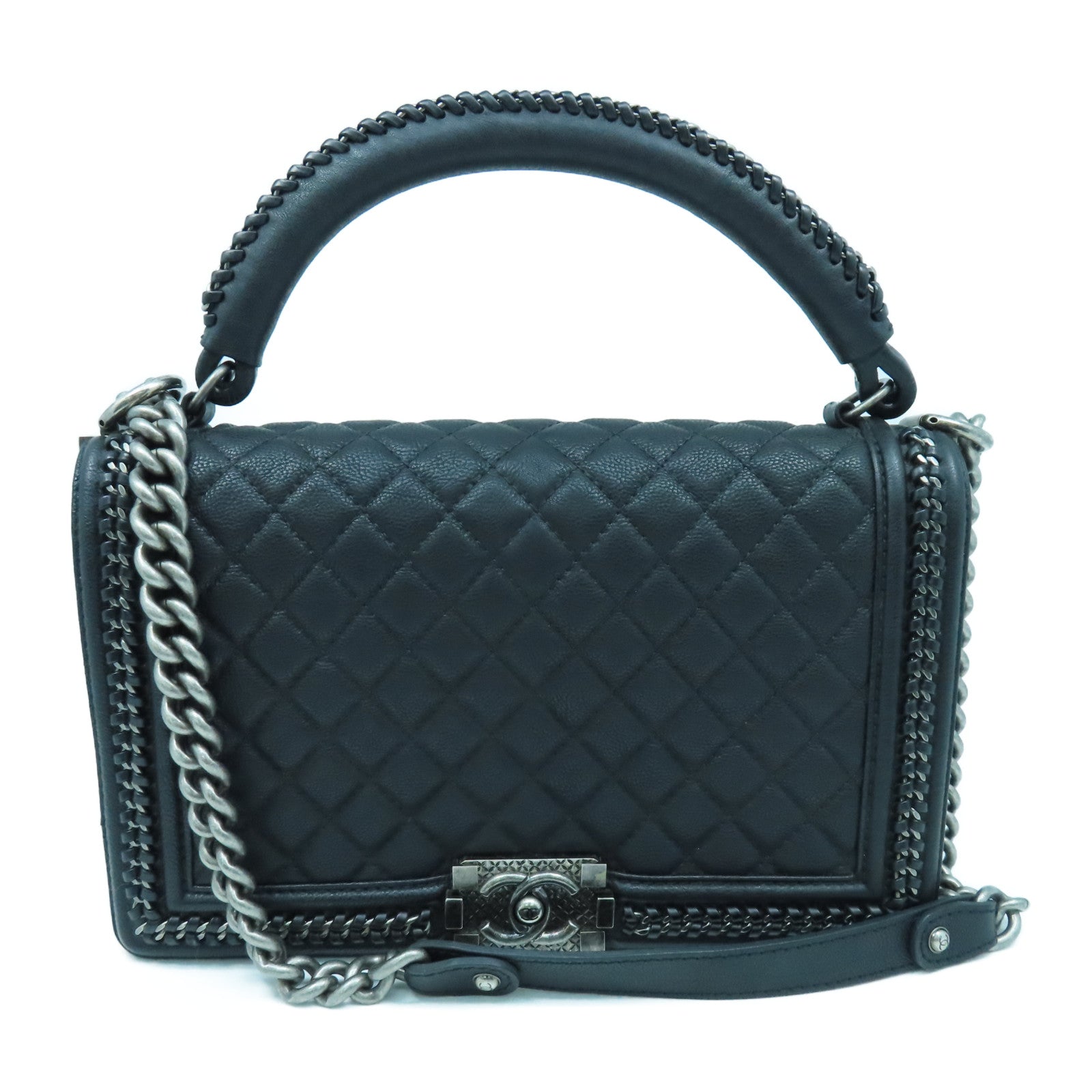 CHANEL 菱格牛皮皮革Shoulder Bag銀扣手挽肩背兩用袋黑色