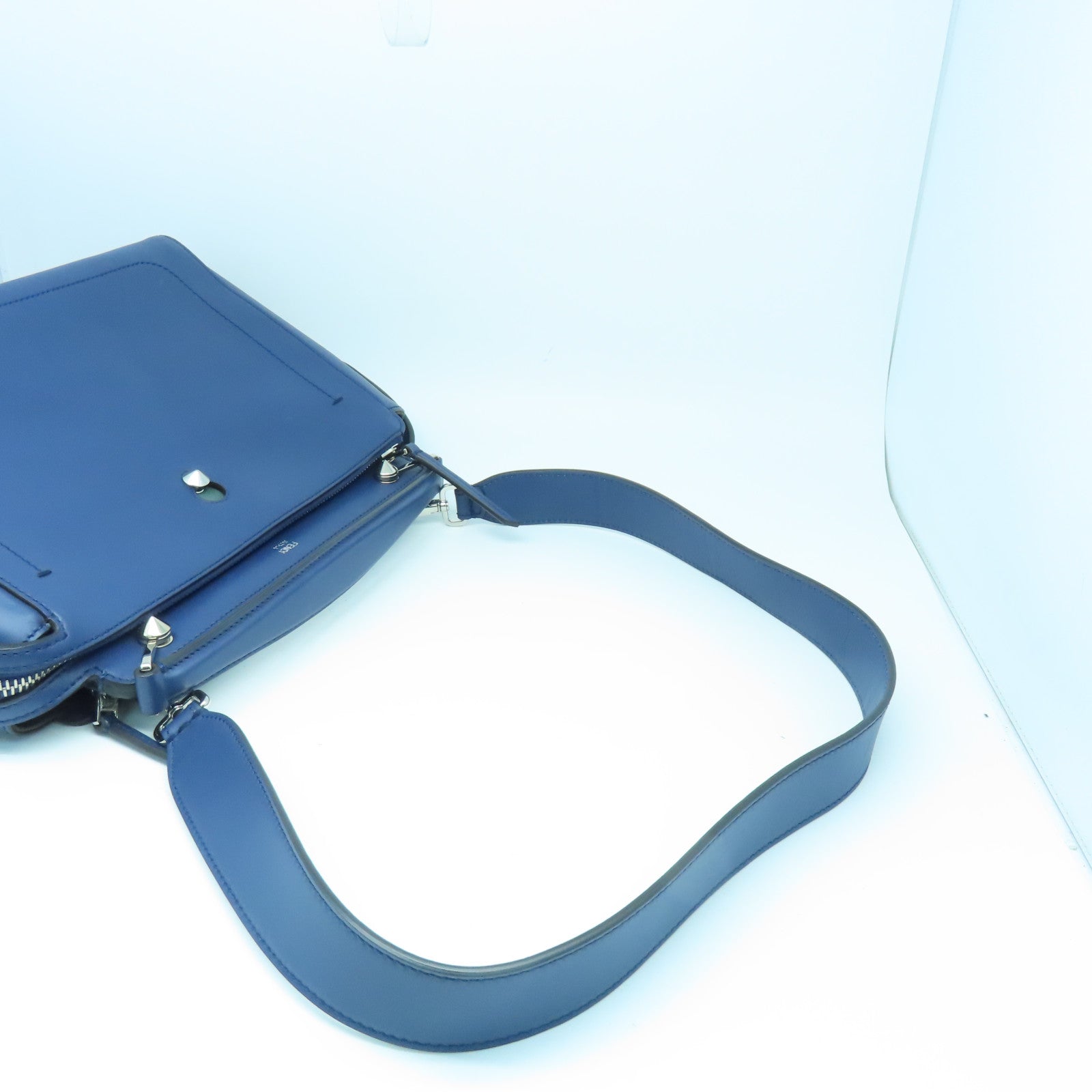 FENDI Cowhide Leather Dotcom Silver Buckle Handle Shoulder Bag Blue