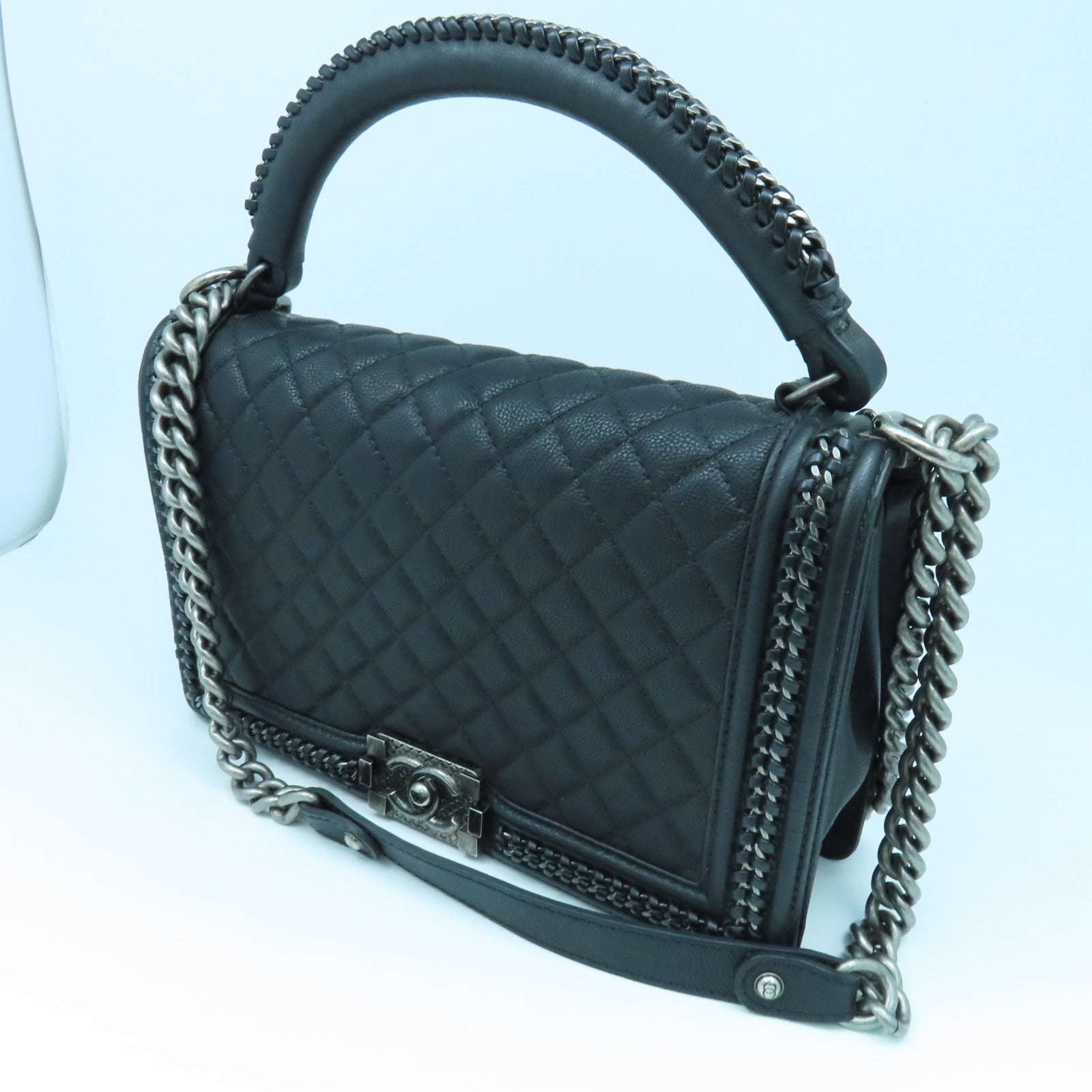 CHANEL 菱格牛皮皮革Shoulder Bag銀扣手挽肩背兩用袋黑色