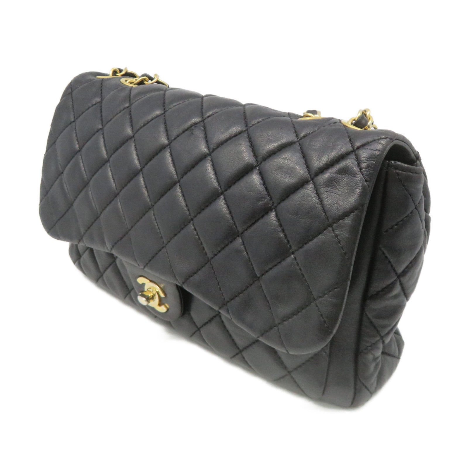 CHANEL rhombic sheepskin leather Chain Shoulder Bag gold buckle chain shoulder bag black