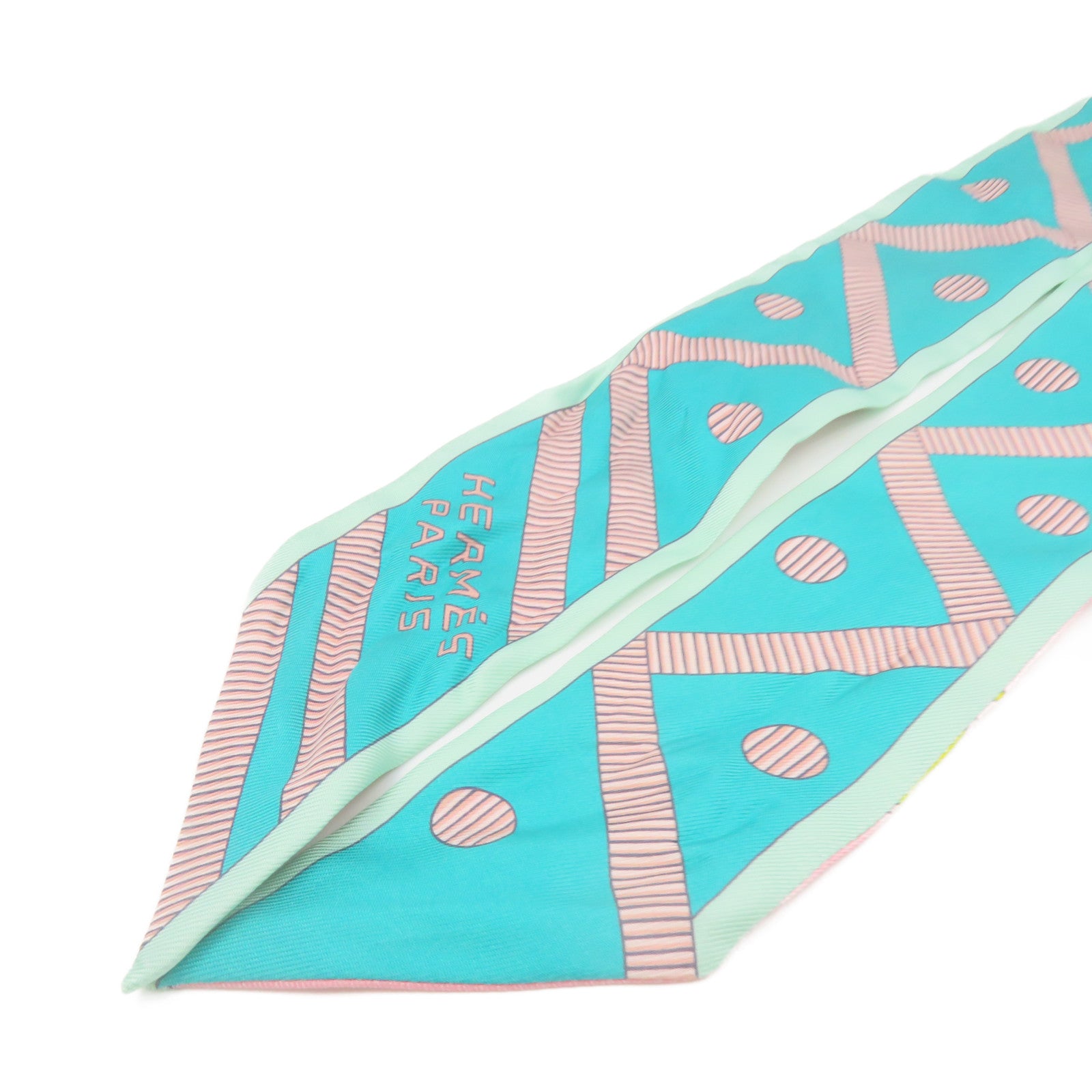 HERMES 絲質Twilly Scarf絲巾湖綠色/粉紅色/彩色