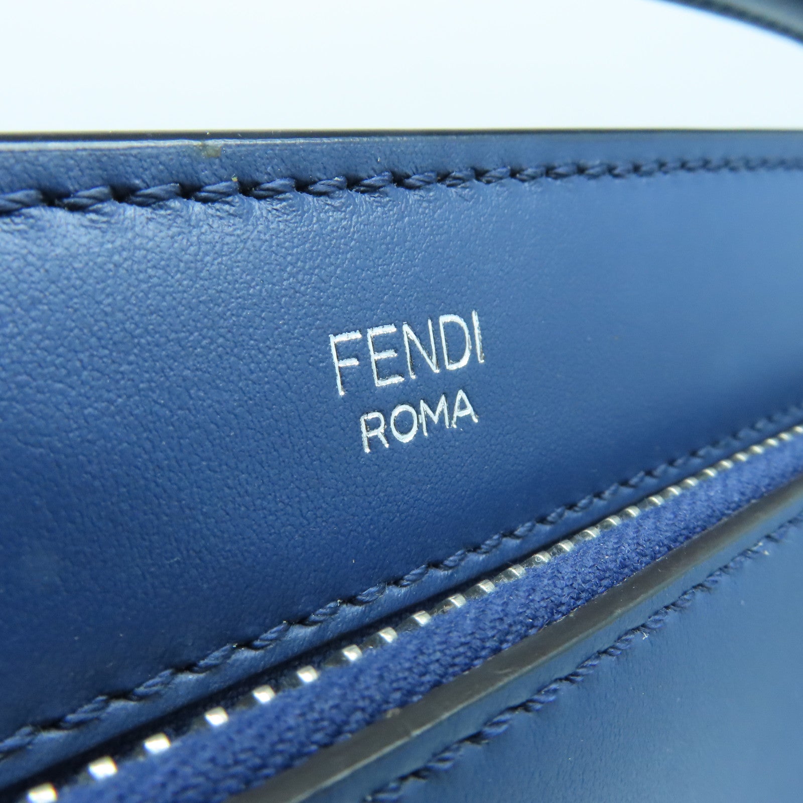 FENDI Cowhide Leather Dotcom Silver Buckle Handle Shoulder Bag Blue