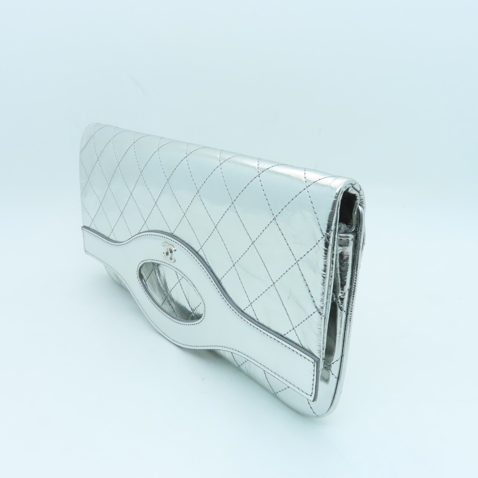 CHANEL Cowhide Leather Clutch Silver Buckle Clutch Silver