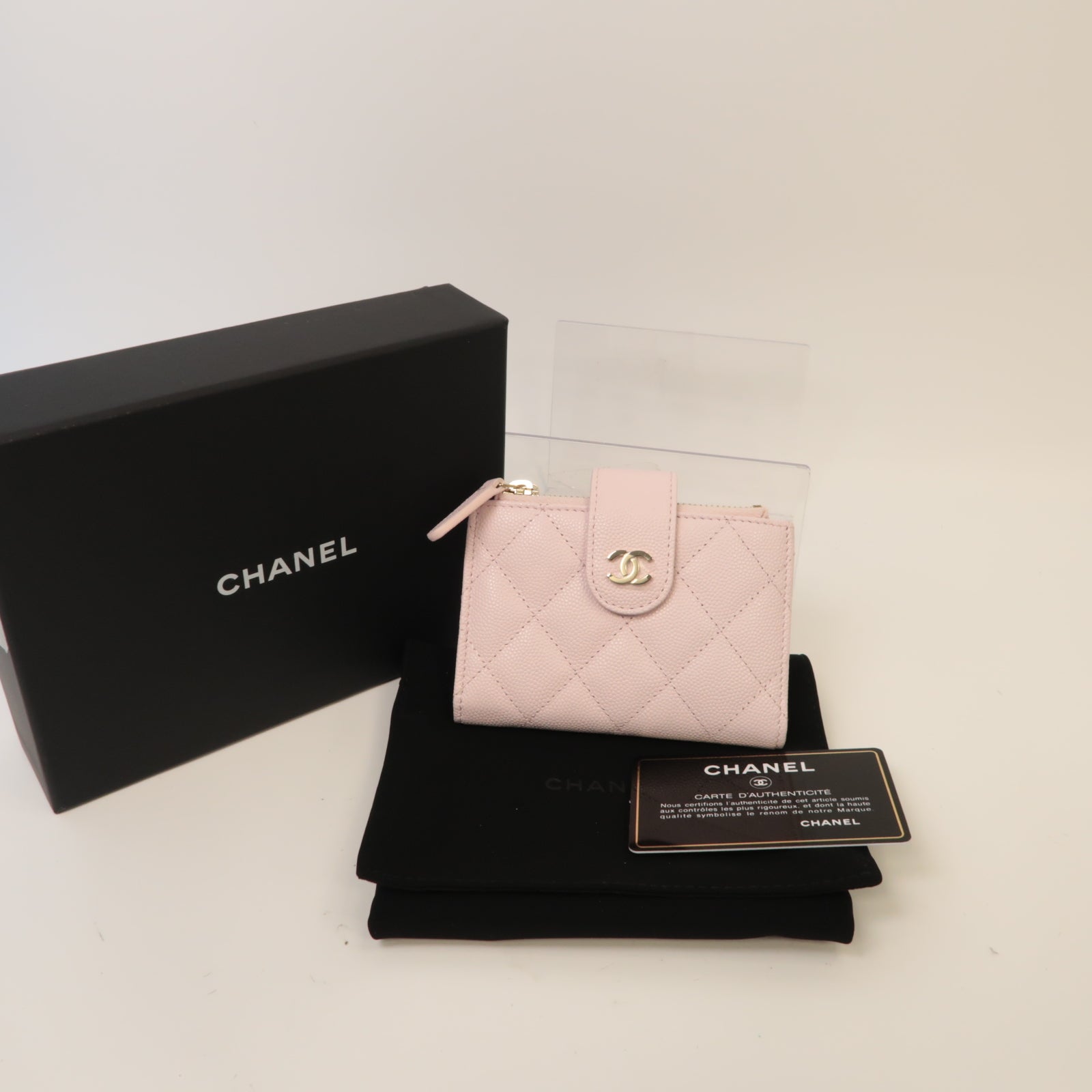 CHANEL 菱格Caviar皮革Zipper Wallet金扣錢包淺粉紅色
