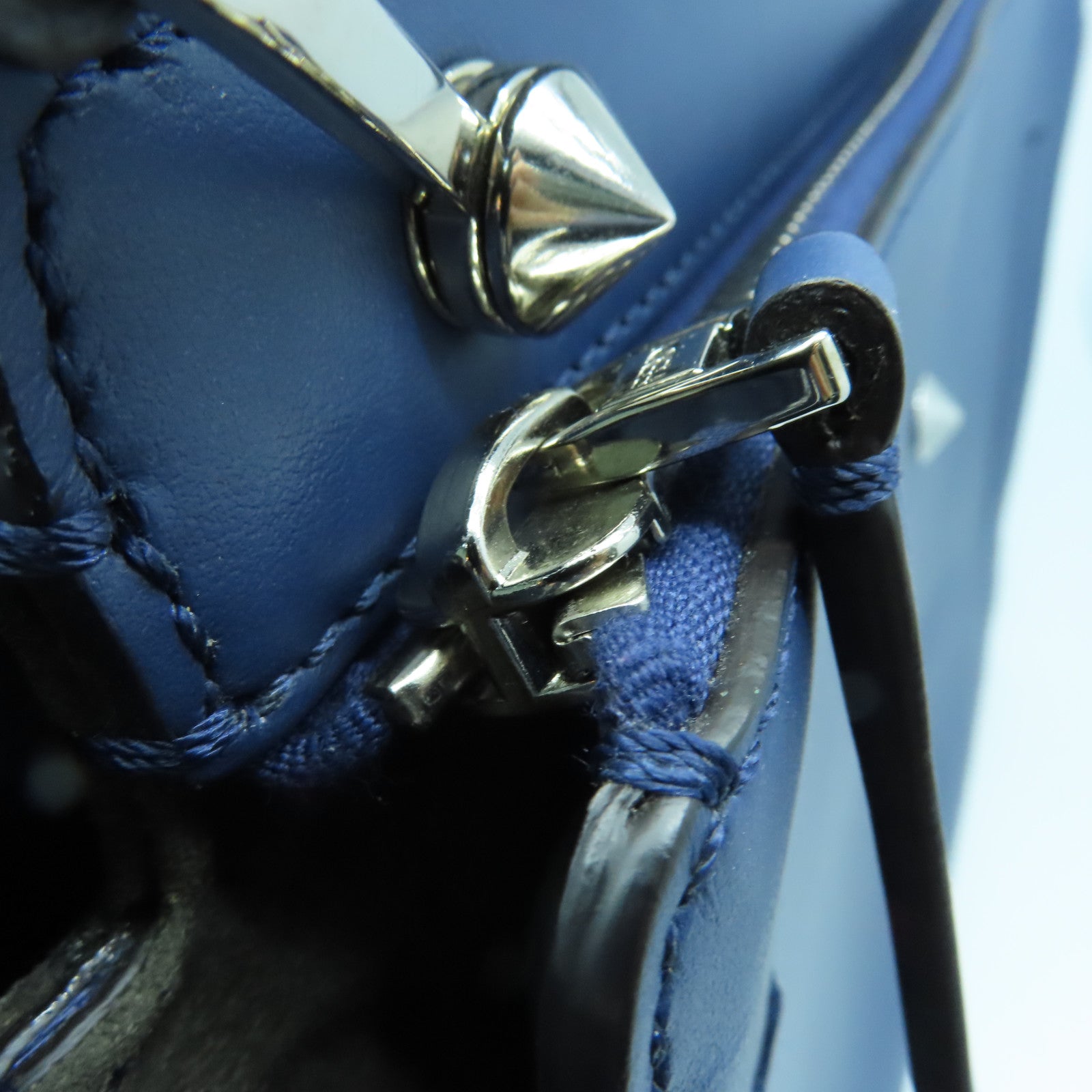 FENDI Cowhide Leather Dotcom Silver Buckle Handle Shoulder Bag Blue